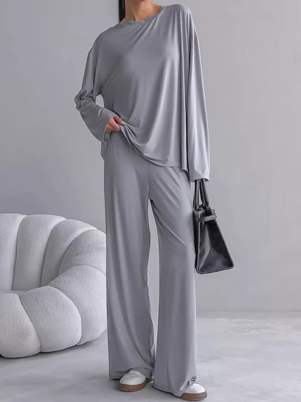 Solid Color Long Sleeve Top and Pants Set