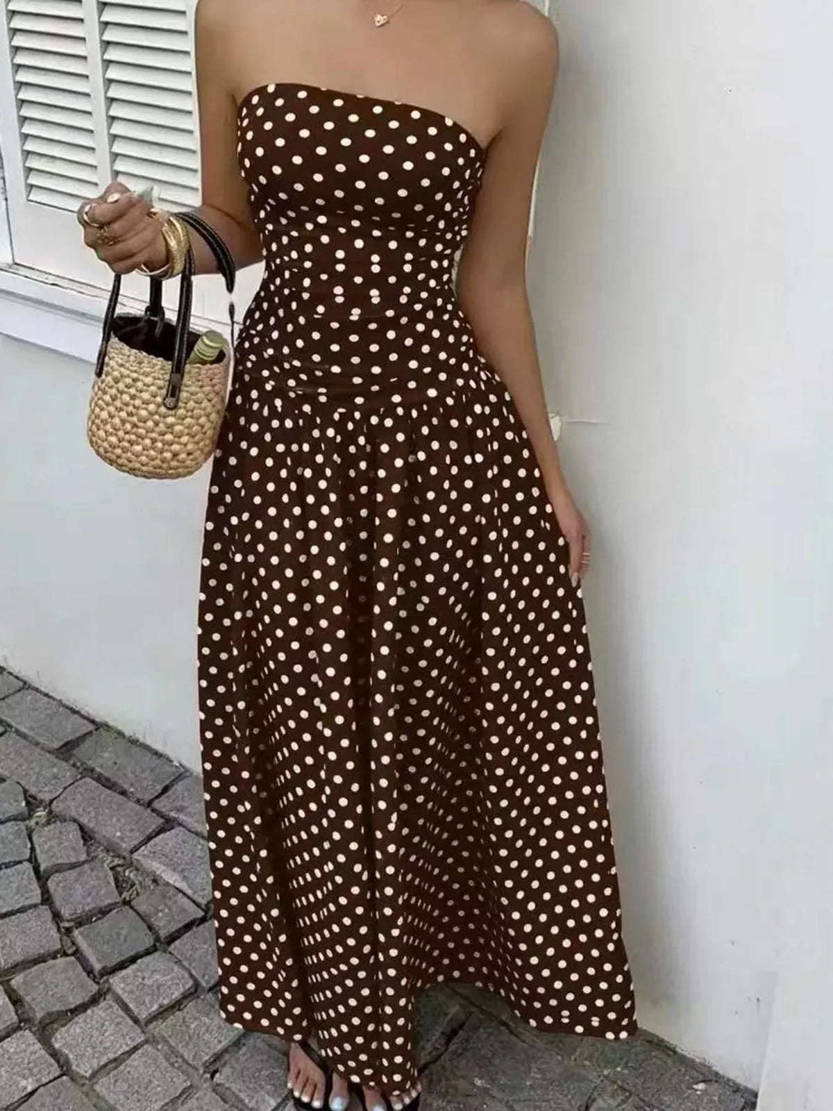Strapless Polka Dot Ruched Maxi Dress