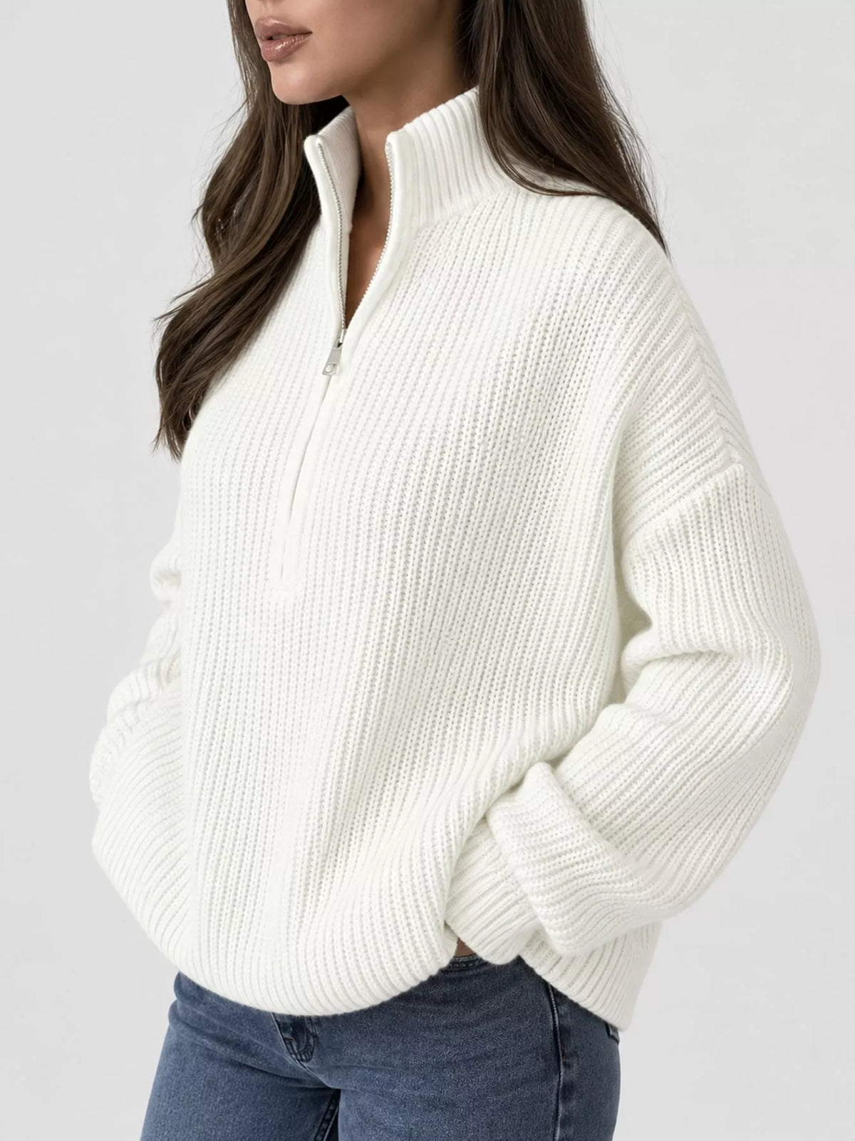 Full Size Half Zip Dropped Shoulder Sweater Plus Size