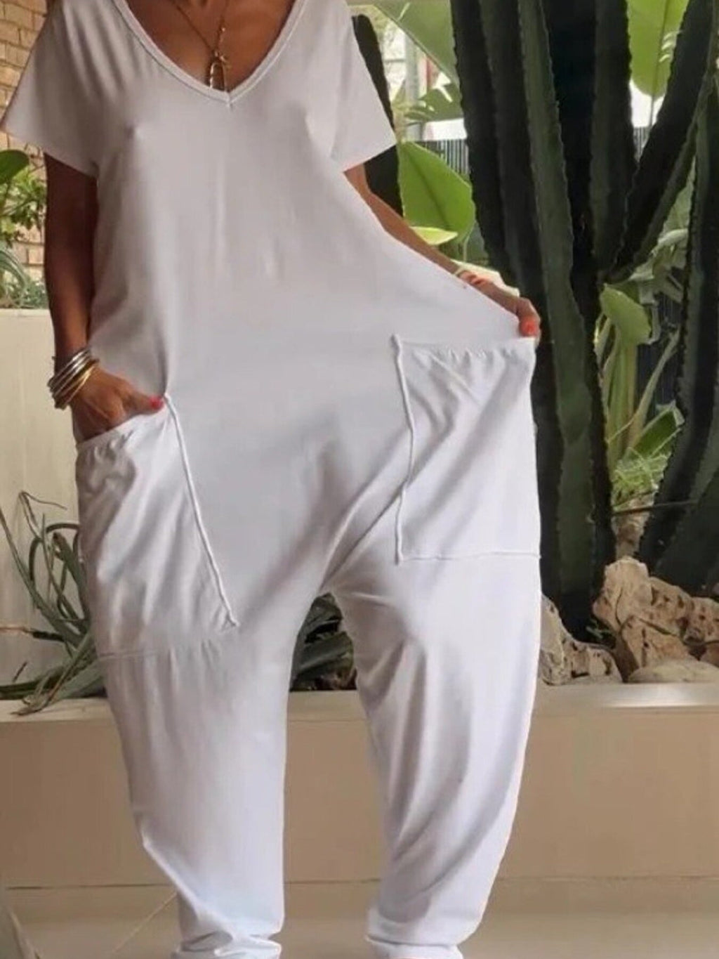 Full Size Loose Fit V-Neck Short Sleeve Wide Leg Jumpsuit Plus Size