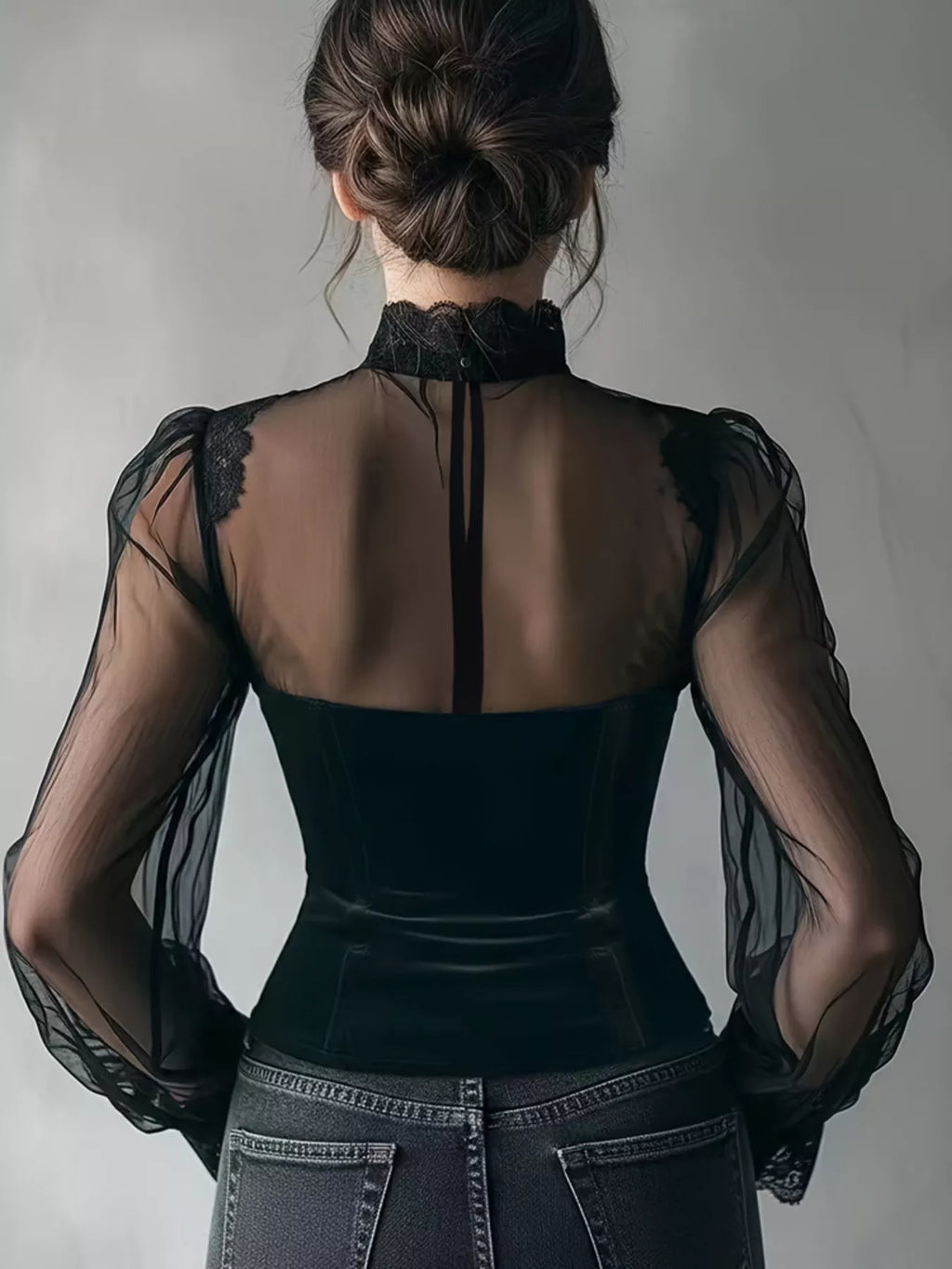 Lace Trim Velvet Sheer Sleeve Blouse