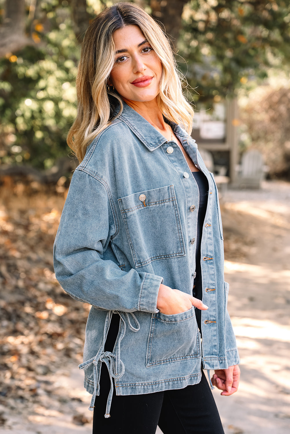 Beau Blue Multi Patched Pockets Side Tie up Boyfriend Style Denim Jacket
