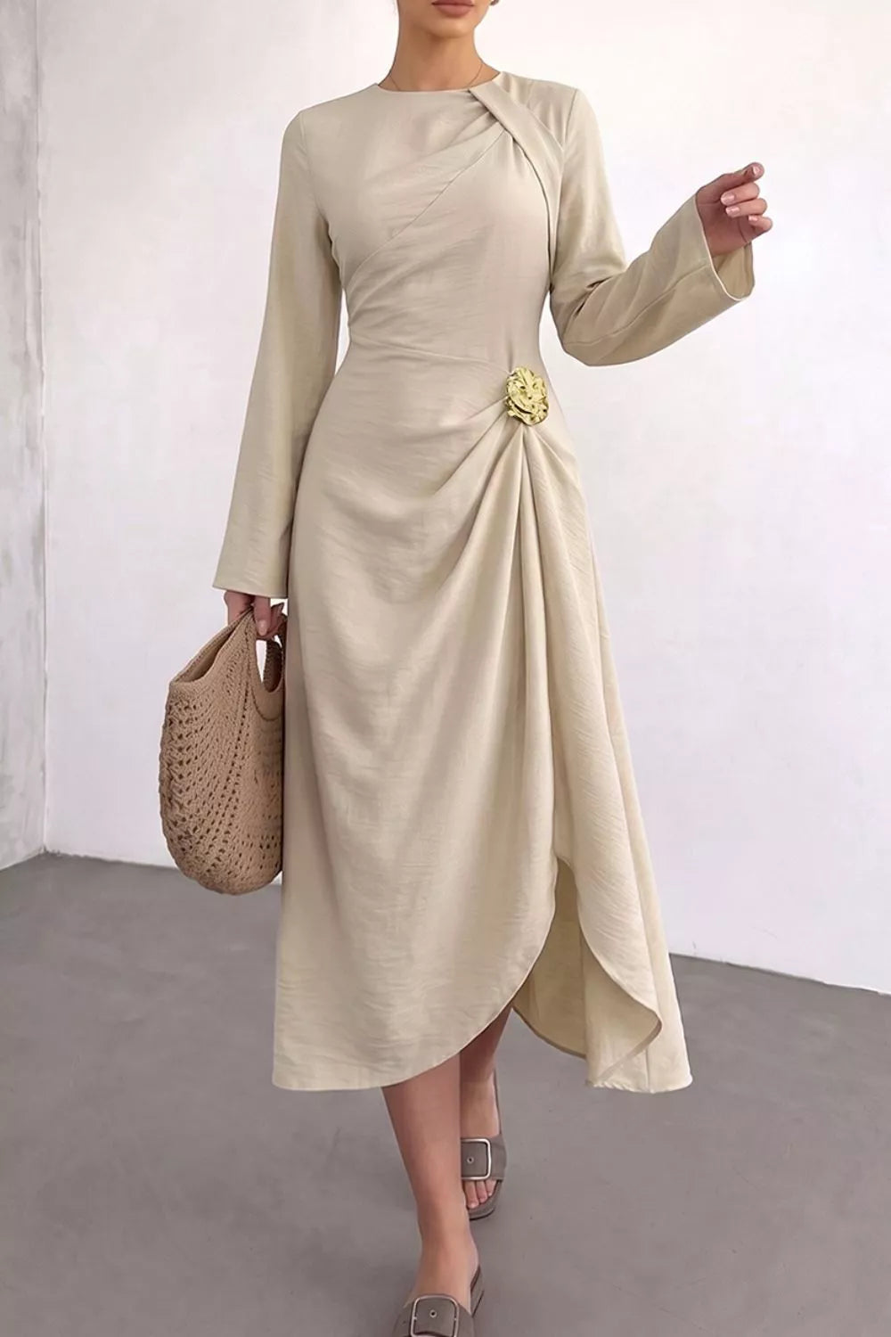 Ruched Long Sleeve Midi Dress