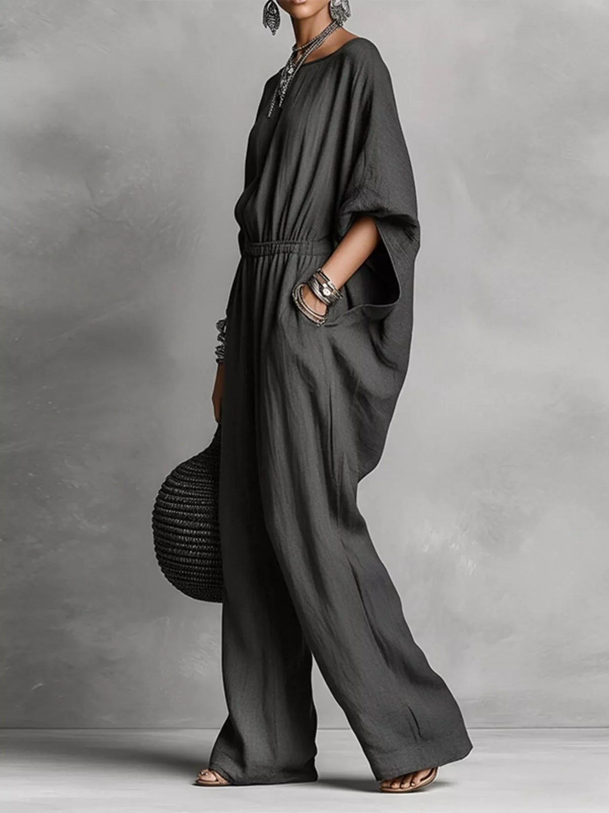 Full Size Boat Neck Batwing Sleeve Wide-Leg Jumpsuit Plus Size