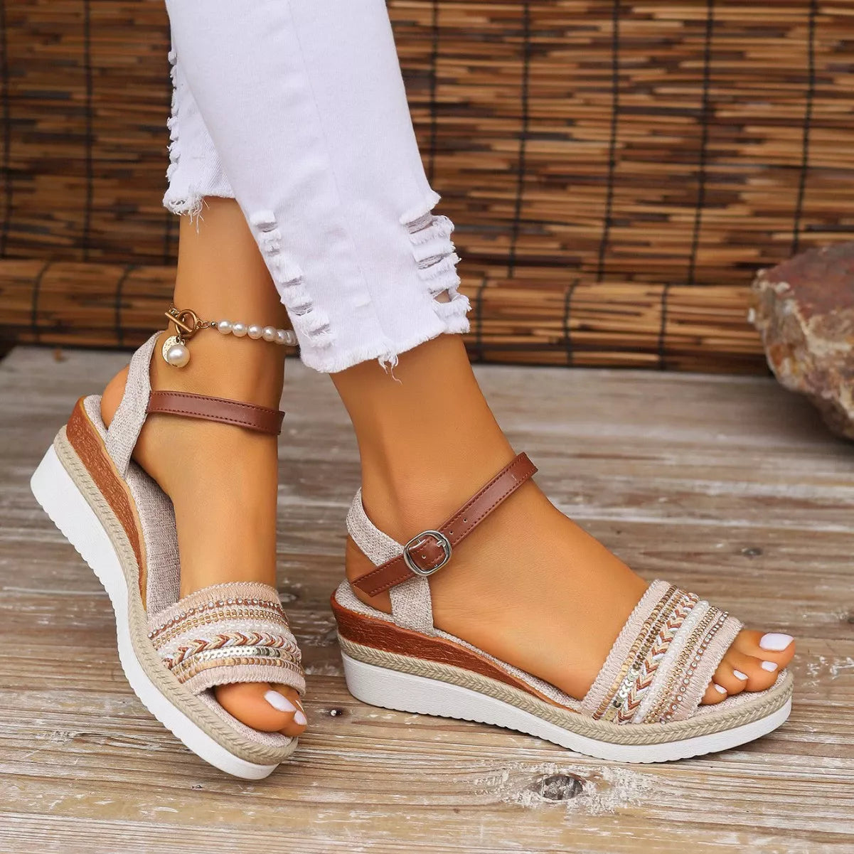 Rhinestone Open Toe Wedge Sandals