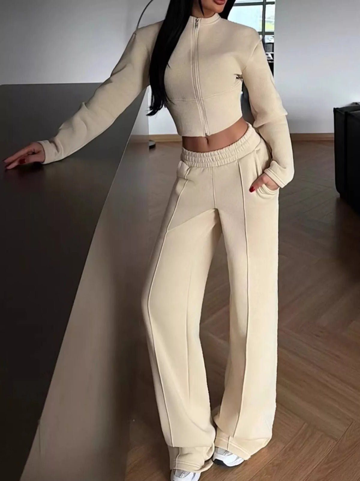 Zip-Up Crop Jacket and Wide-Leg Pants Set