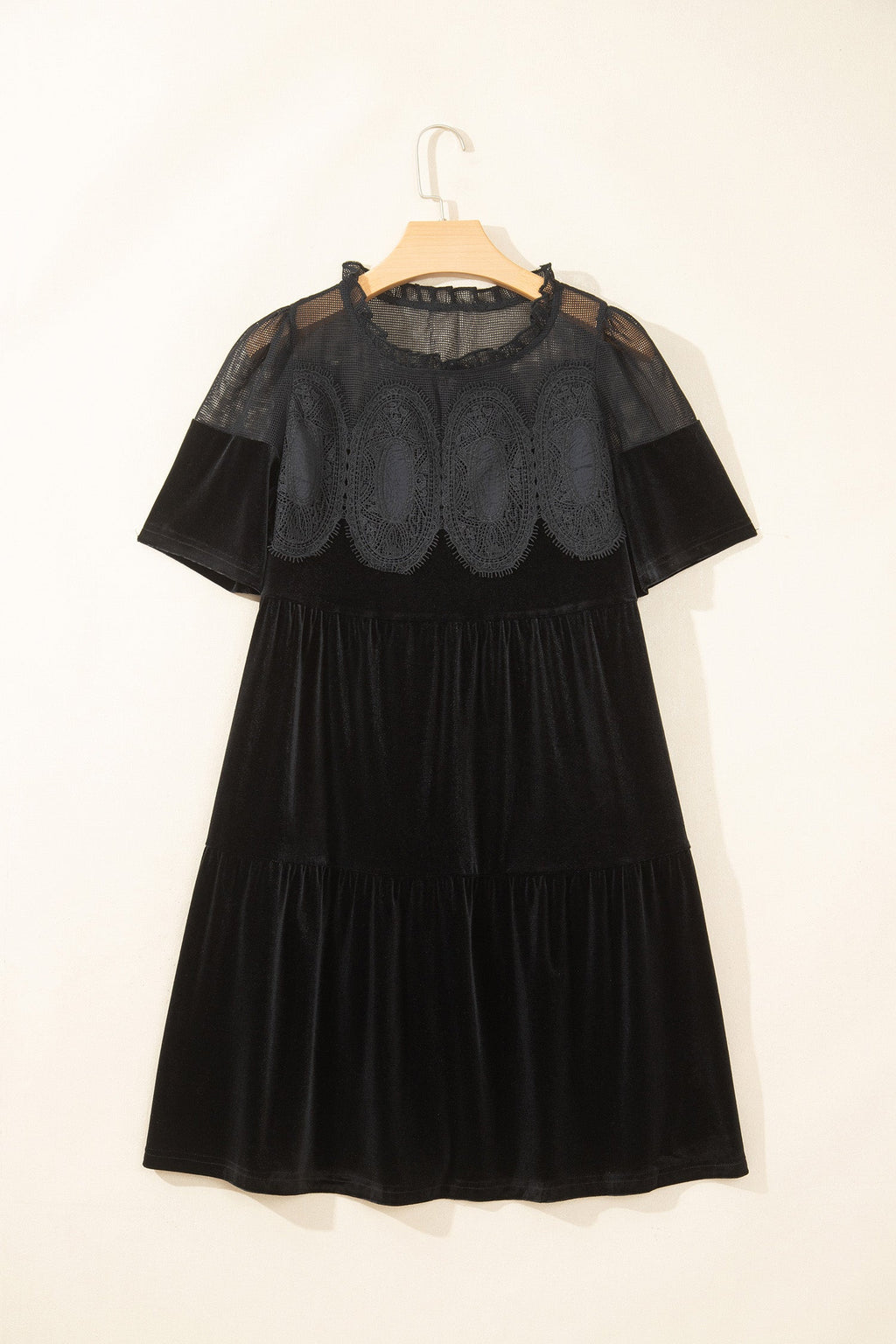 Black Embroidered Velvet Short Sleeve Mini Shift Dress