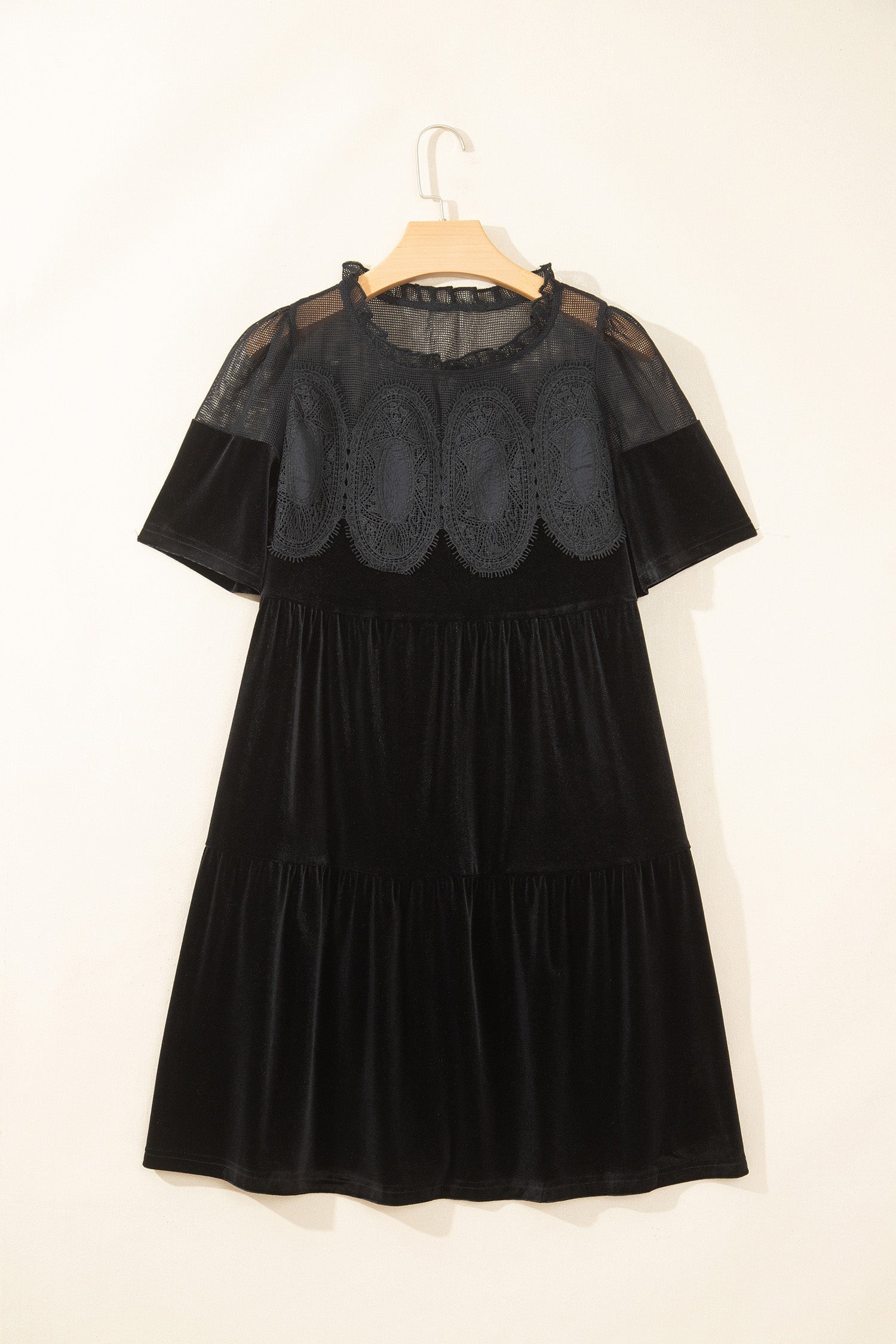 Black Embroidered Velvet Short Sleeve Mini Shift Dress