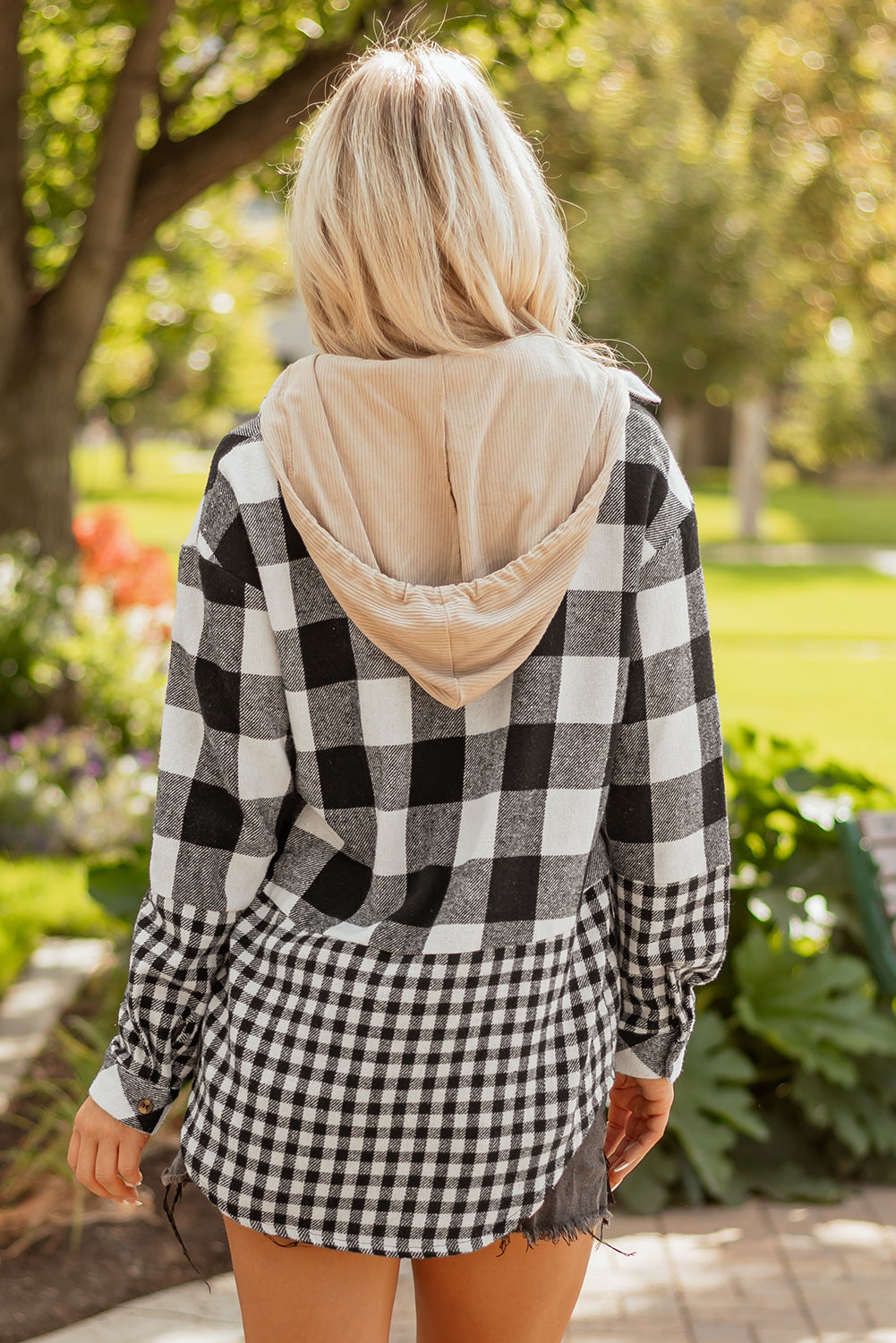 Plaid Patchwork Drawstring Hooded Shacket