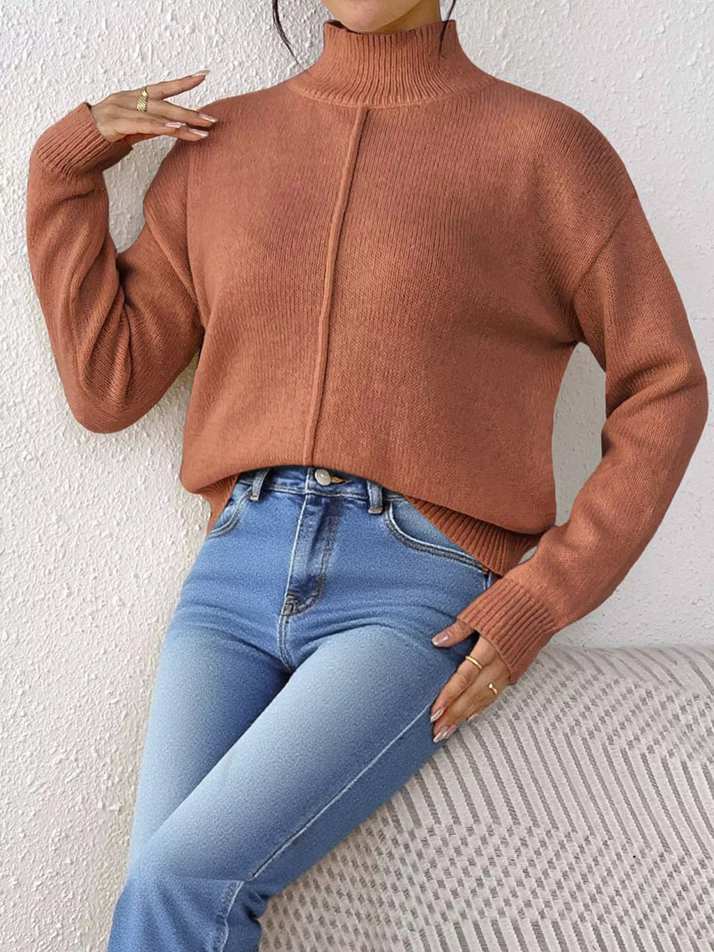 Center Seam Detail Turtleneck Sweater
