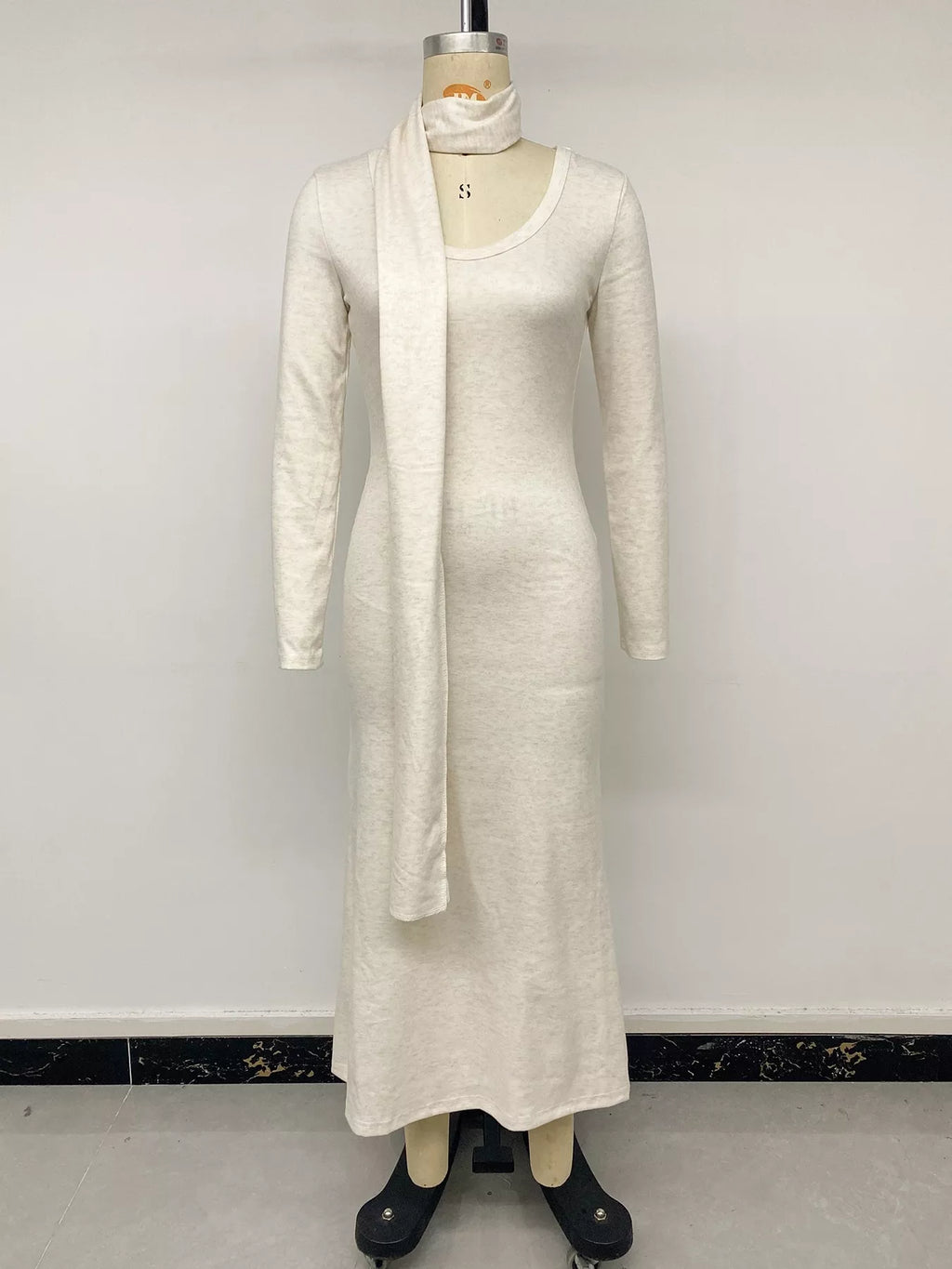 Round Neck Maxi Knit Dress with Matching Scarf