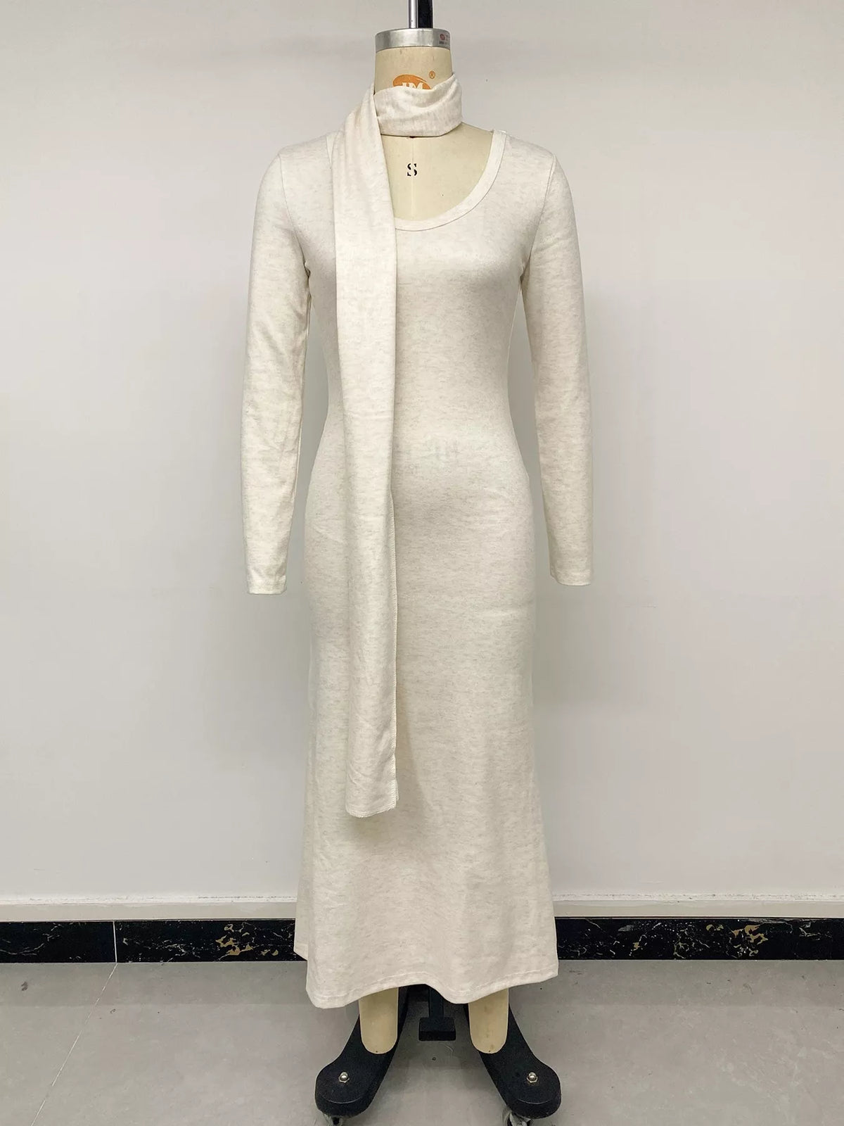 Round Neck Maxi Knit Dress with Matching Scarf