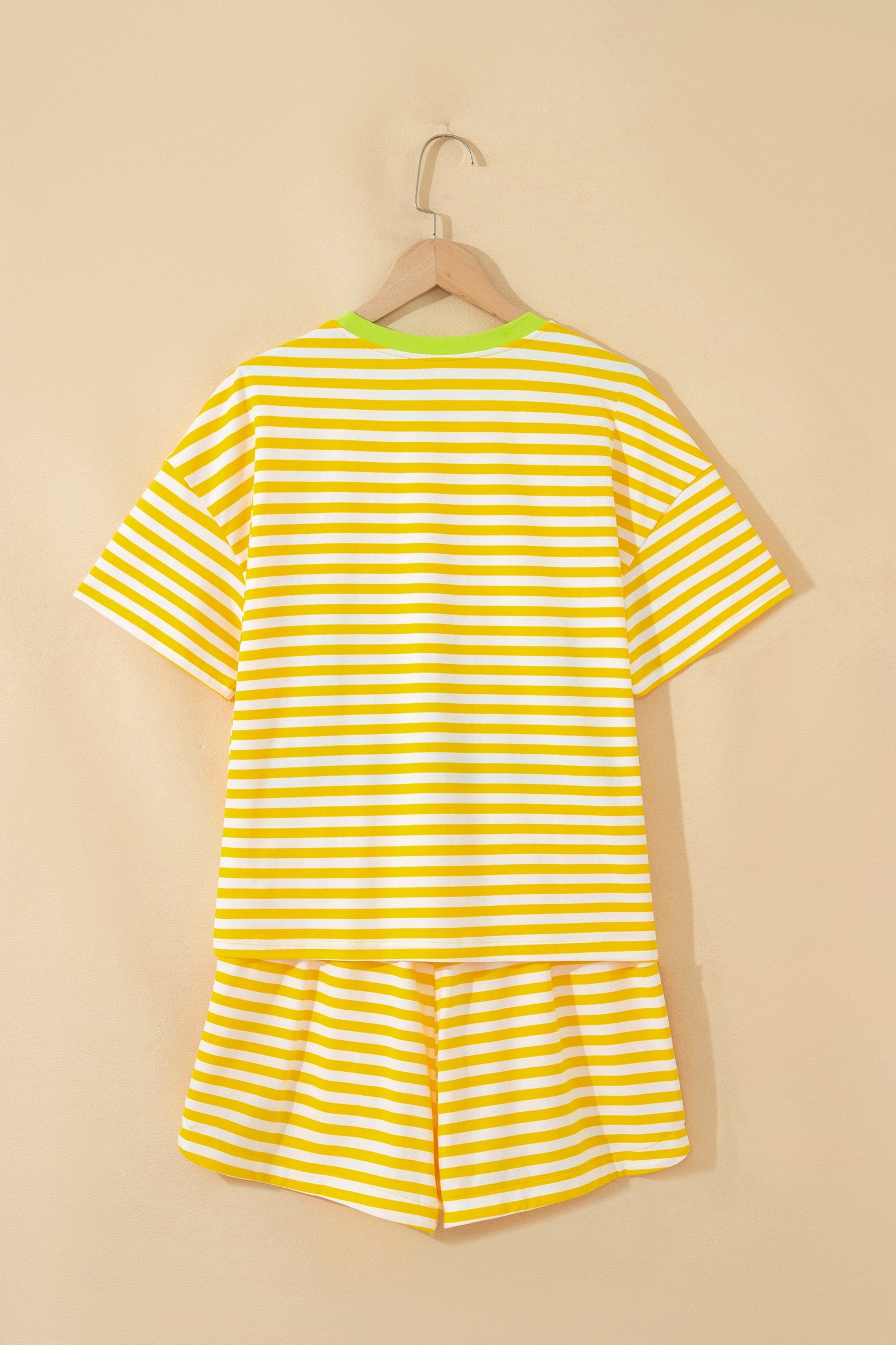 Yellow Stripe Contrast Neck Loose Tee and Drawstring Shorts Set