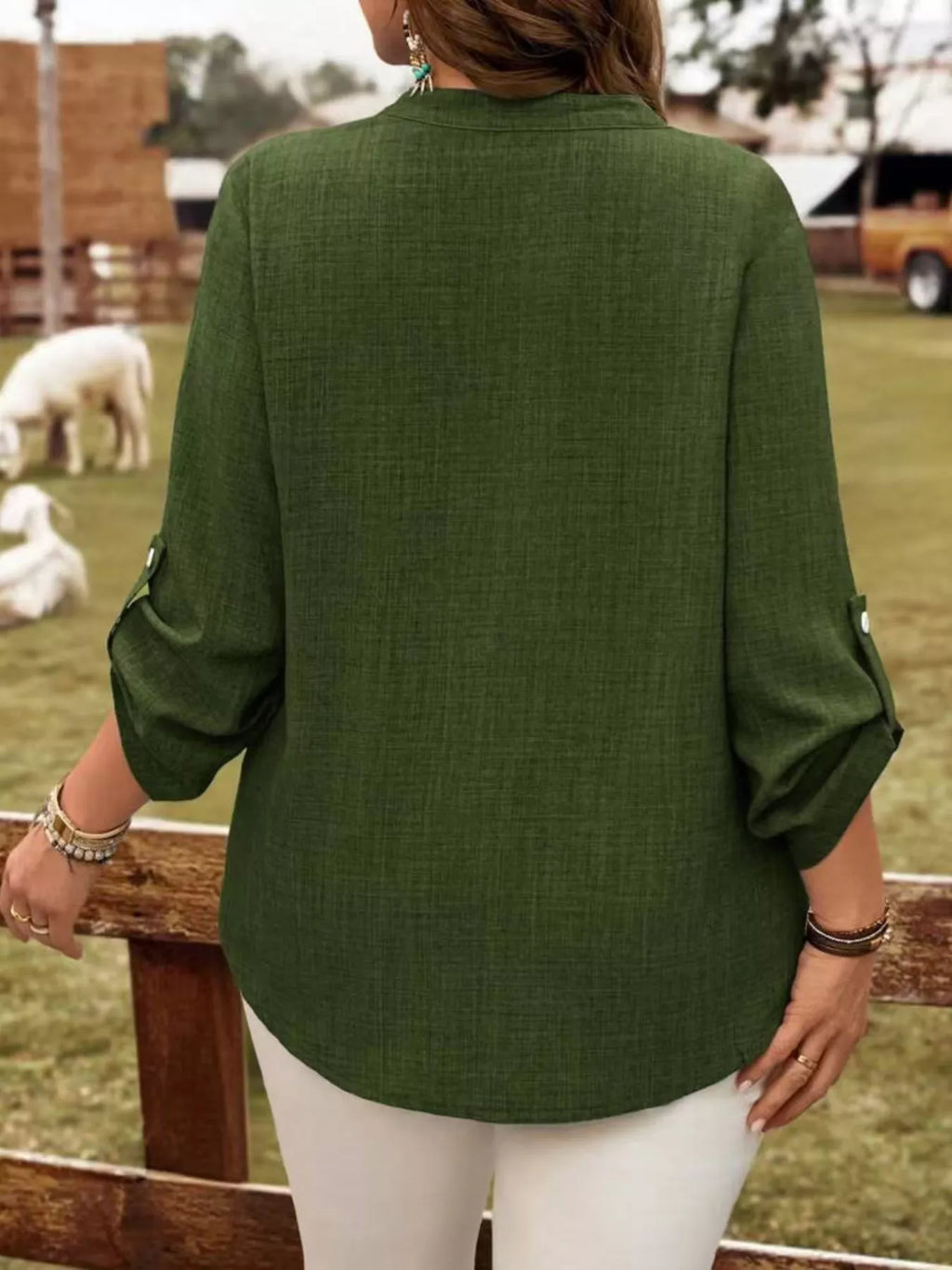 Plus Size Notched Roll-Tab Sleeve Casual Blouse