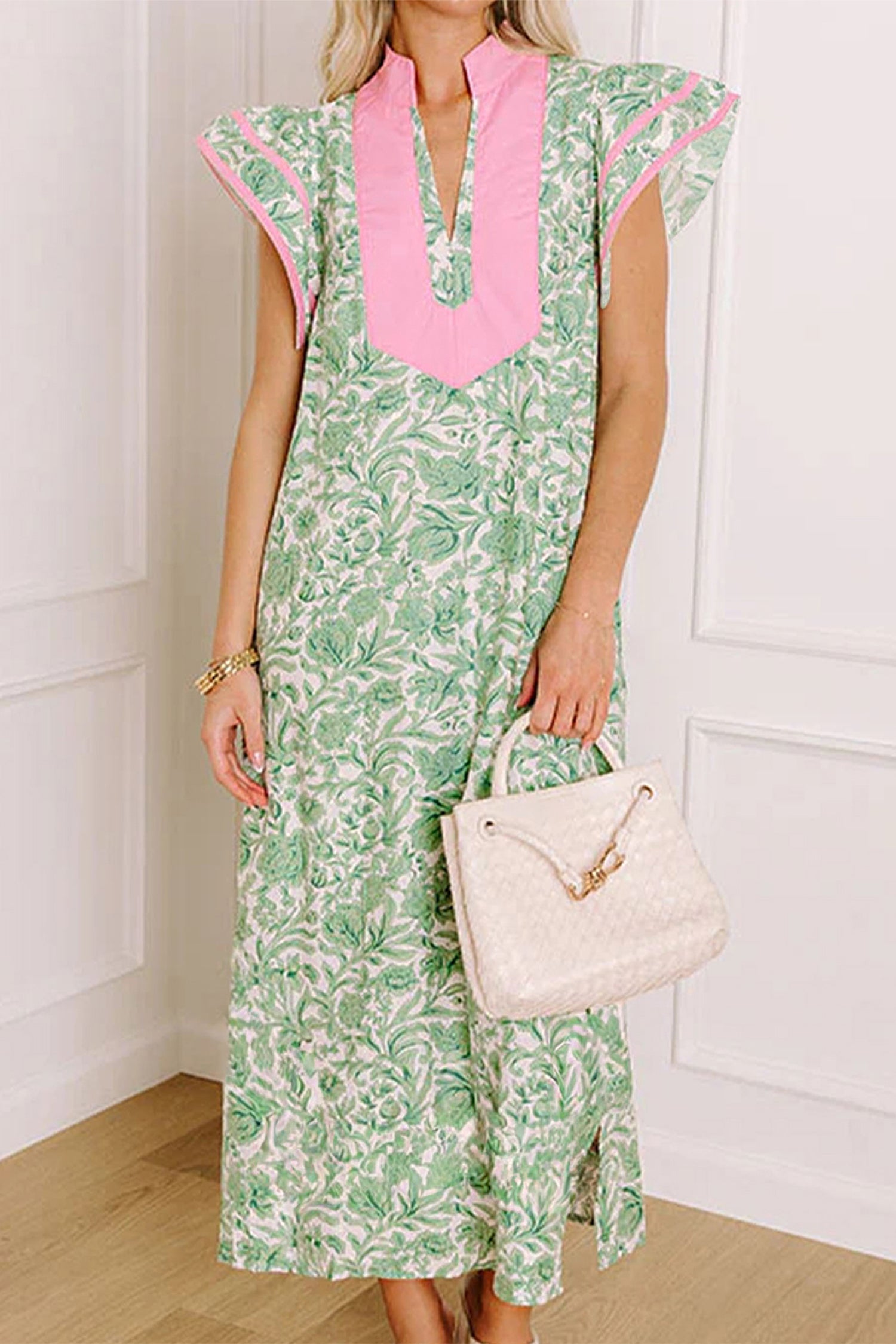 Green Floral Print Color Block Patchwork V Neck Short Sleeve Midi Dress
