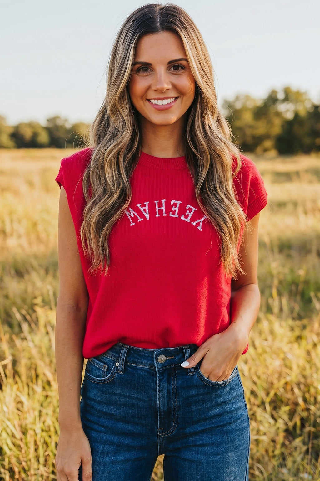 Fiery Red YEEHAW Embroidered Letter Loose Short Sleeve Sweater