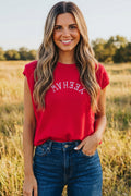 Fiery Red YEEHAW Embroidered Letter Loose Short Sleeve Sweater