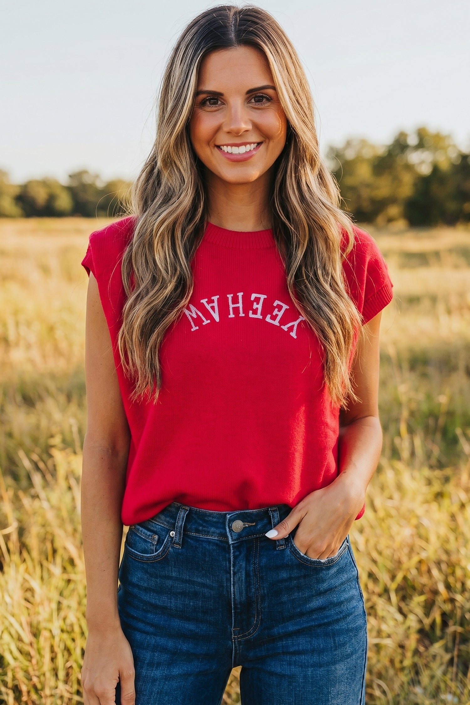 Fiery Red YEEHAW Embroidered Letter Loose Short Sleeve Sweater