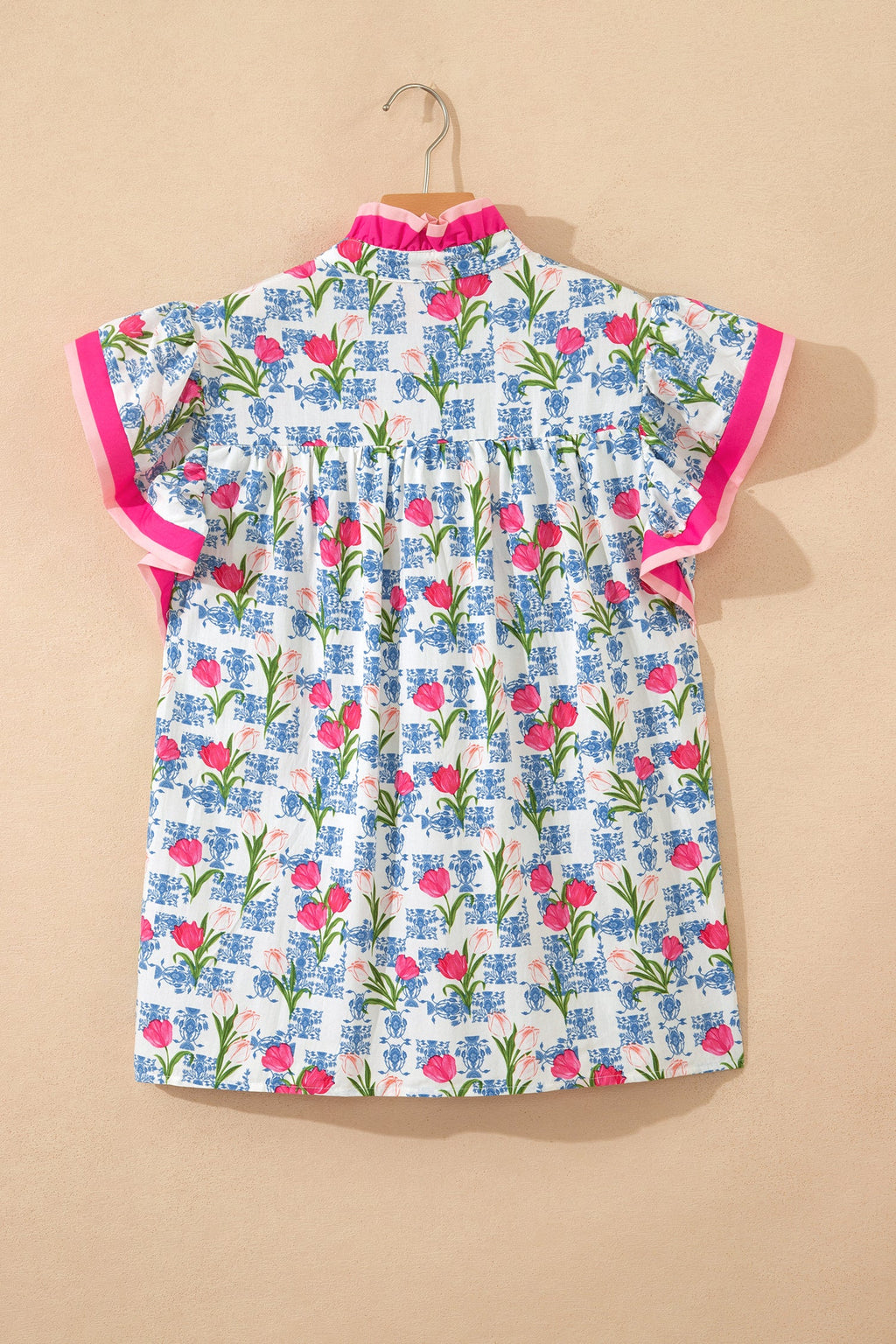 Rose Floral Print Color Block Striped Trim Flutter Sleeve Half Button Blouse