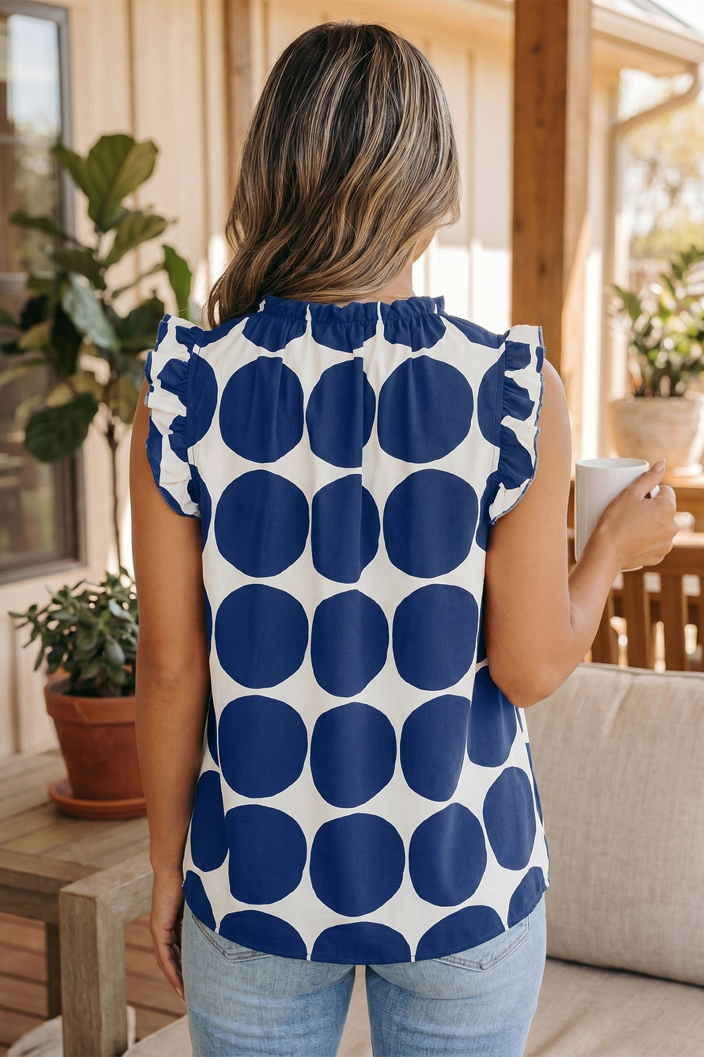 Blue Polka Dot Print Frilled Round Neck Shift Tank Top