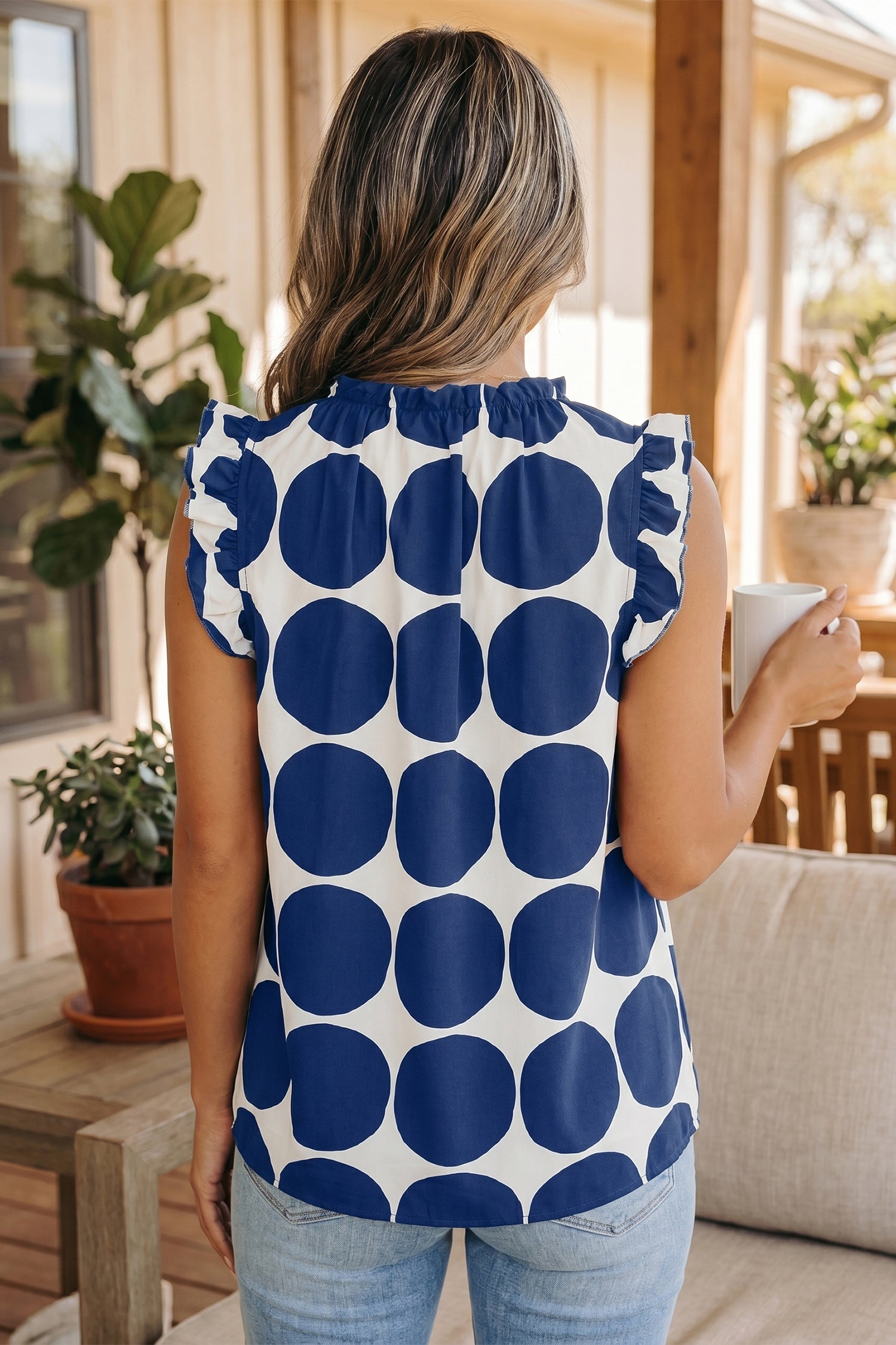 Blue Polka Dot Print Frilled Round Neck Shift Tank Top