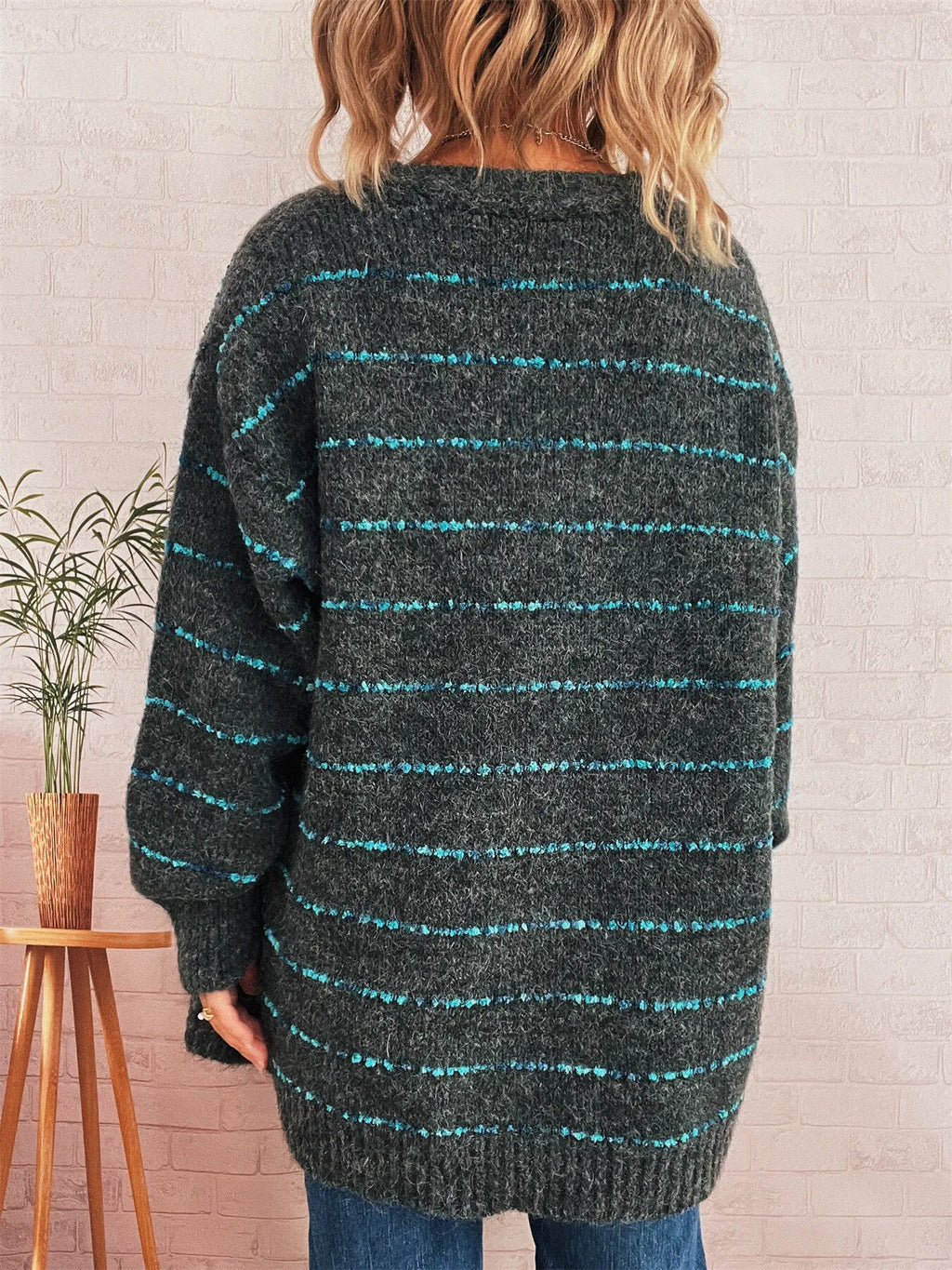 Striped Button-Up Cardigan with V-Neck Design