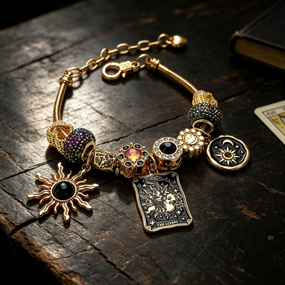 Retro Black-and-Gold Tarot Lovers Card Beaded Bracelet
