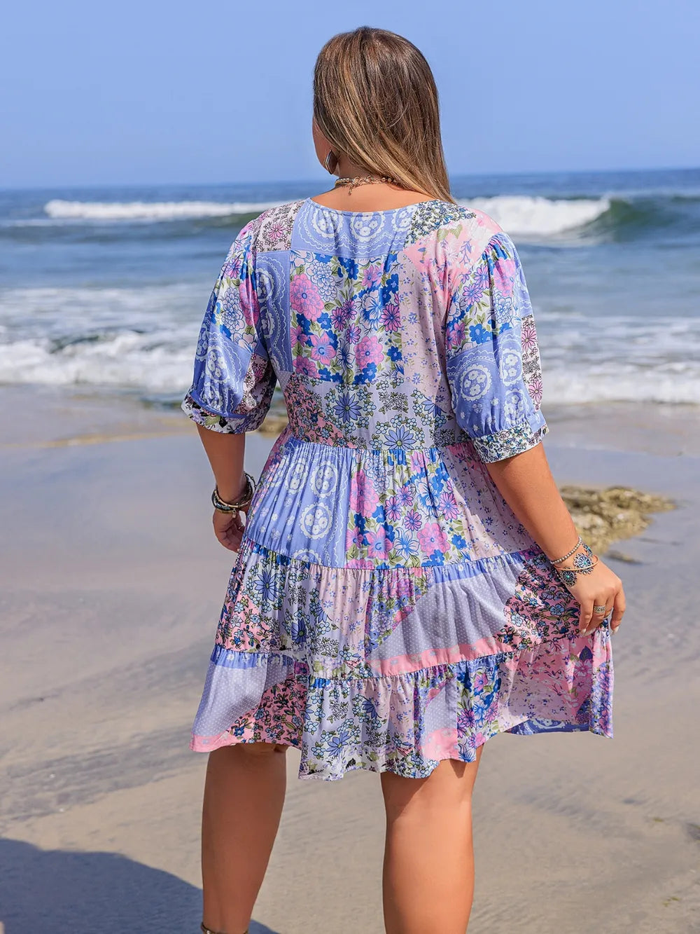 Printed V-Neck Tiered Mini Dress