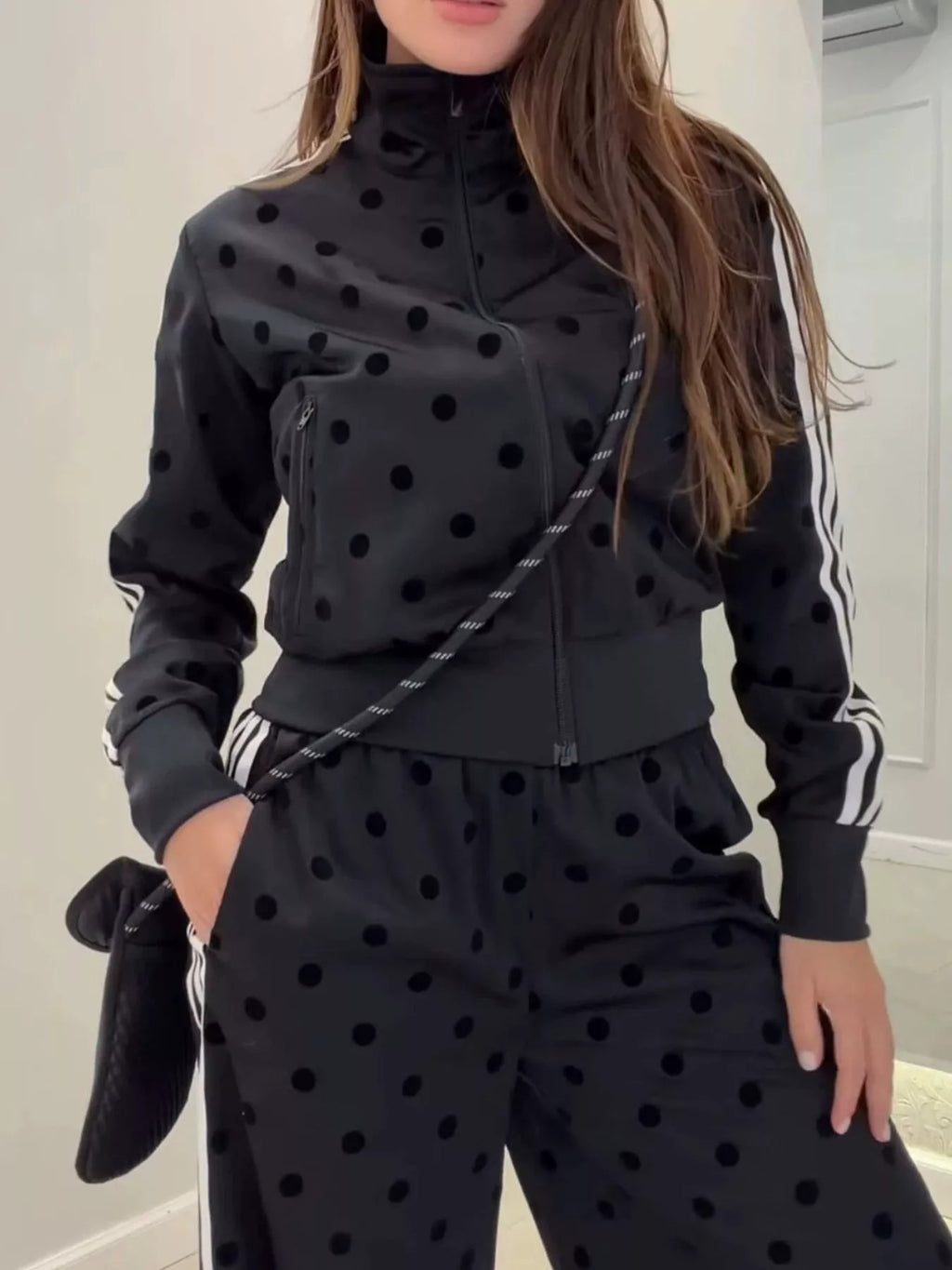 Polka Dot Side Striped Outerwear and Pants Set
