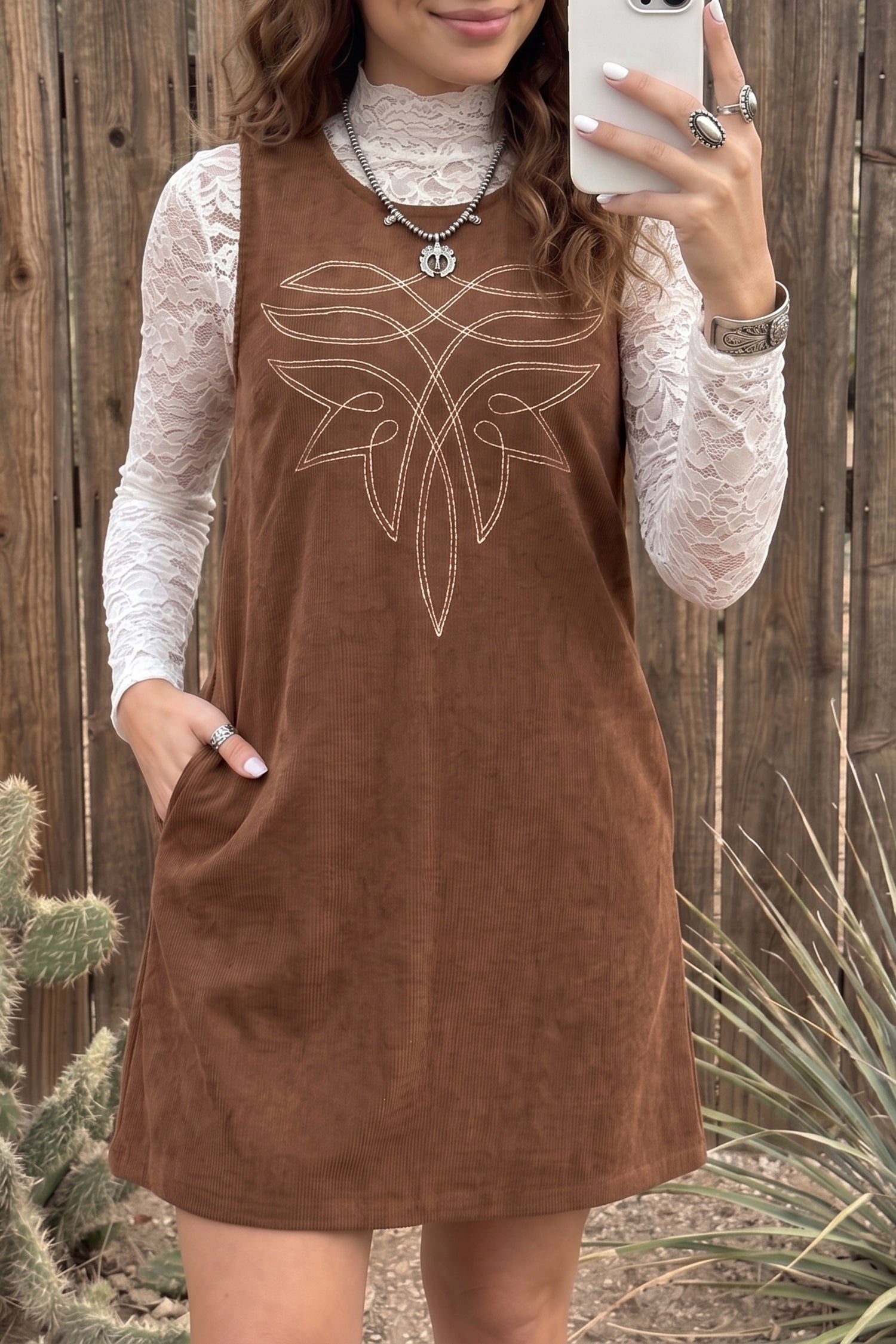 Coffee Geometric Embroidery Sleeveless Corduroy Shift Dress
