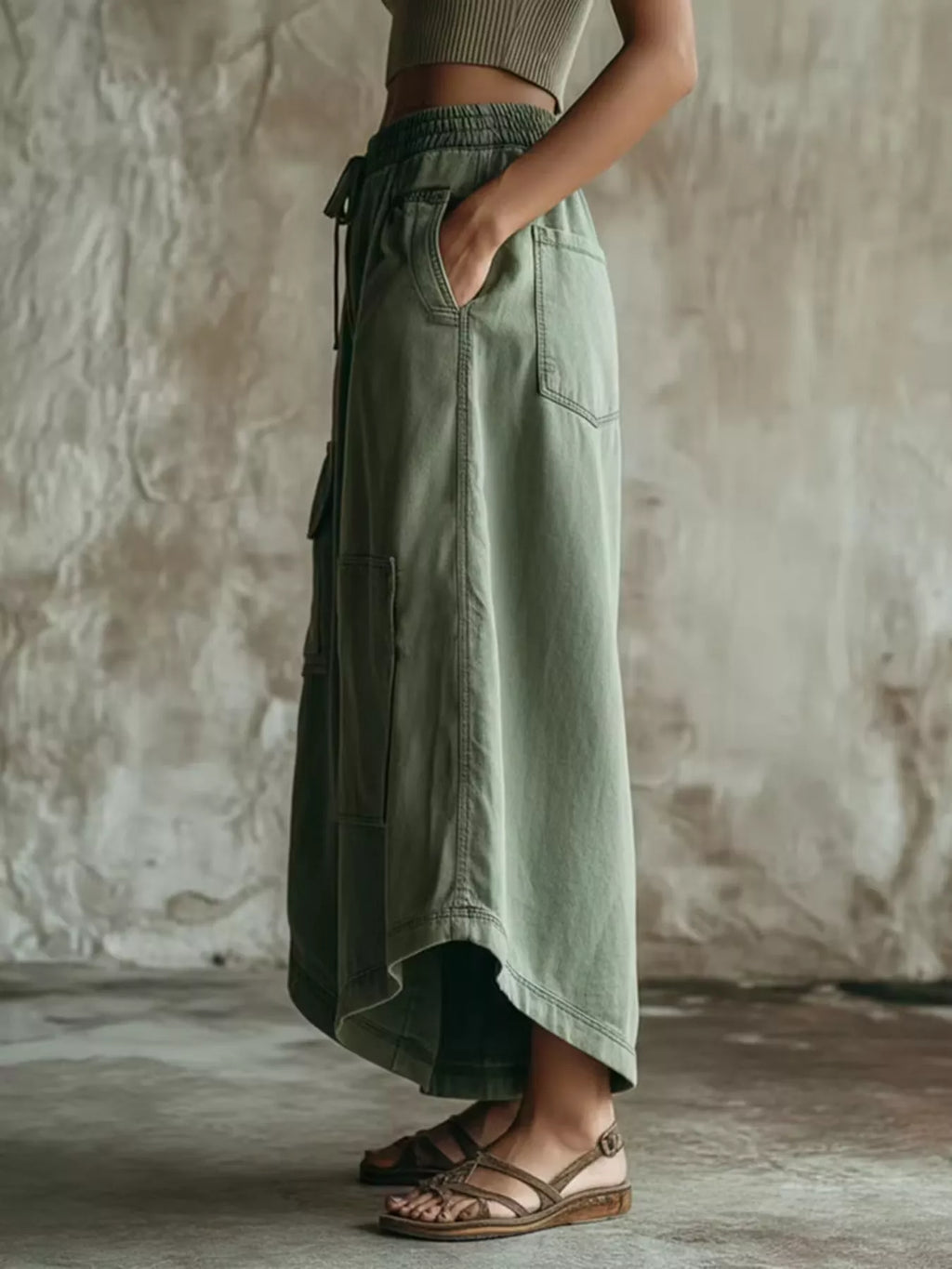 High-Waisted Cargo Wide-Leg Cropped Pants