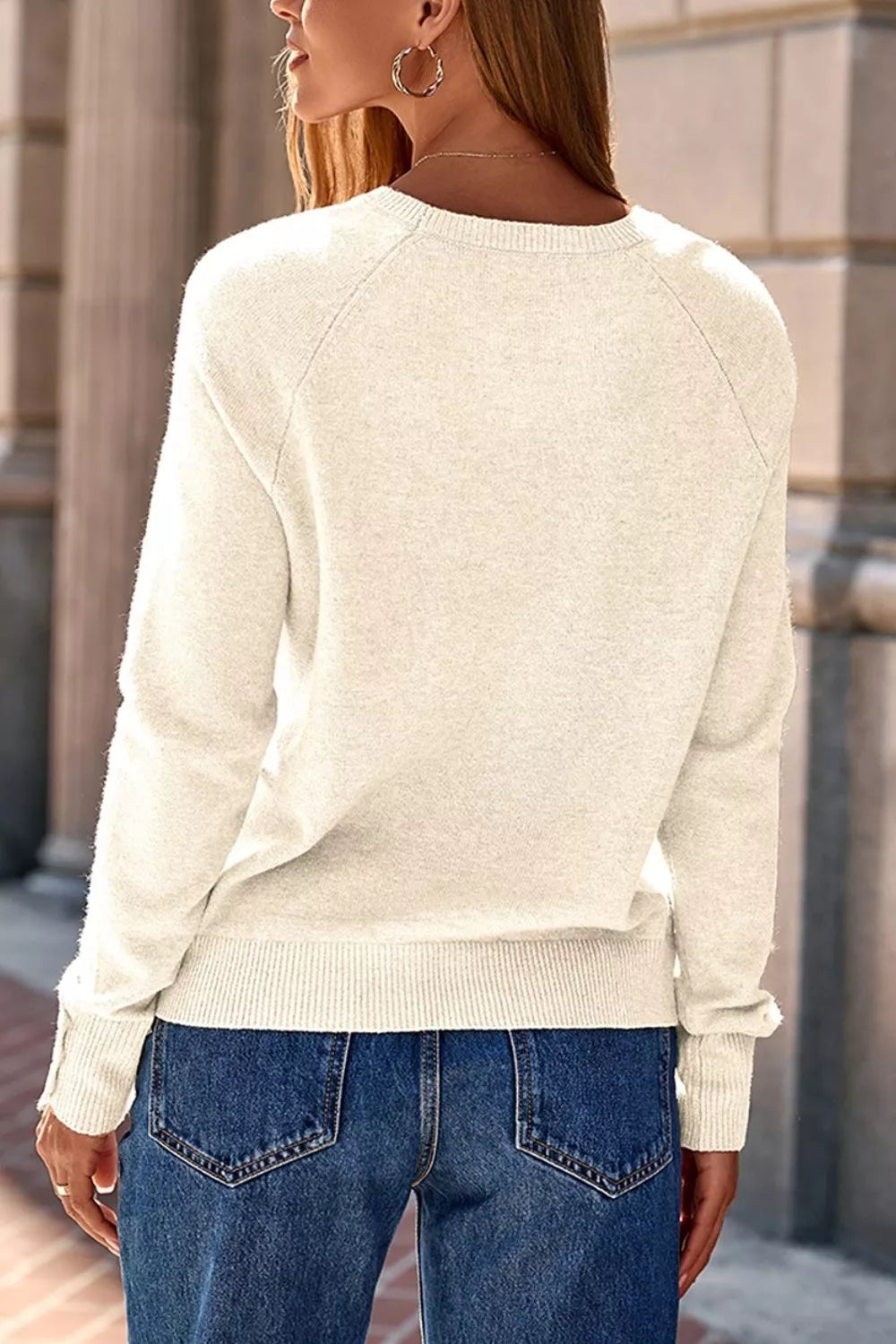 Button-Cuff Crew Neck Sweater