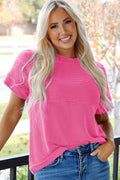 Bright Pink Plain Corded Knit Mock Neck T Shirt