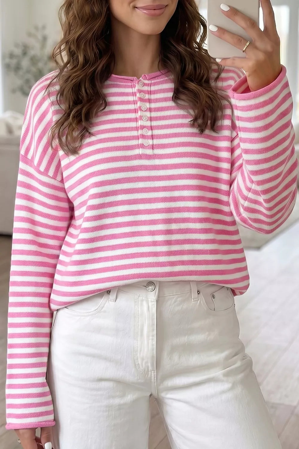 Striped Button Placket Drop Shoulder Long Sleeve Sweater