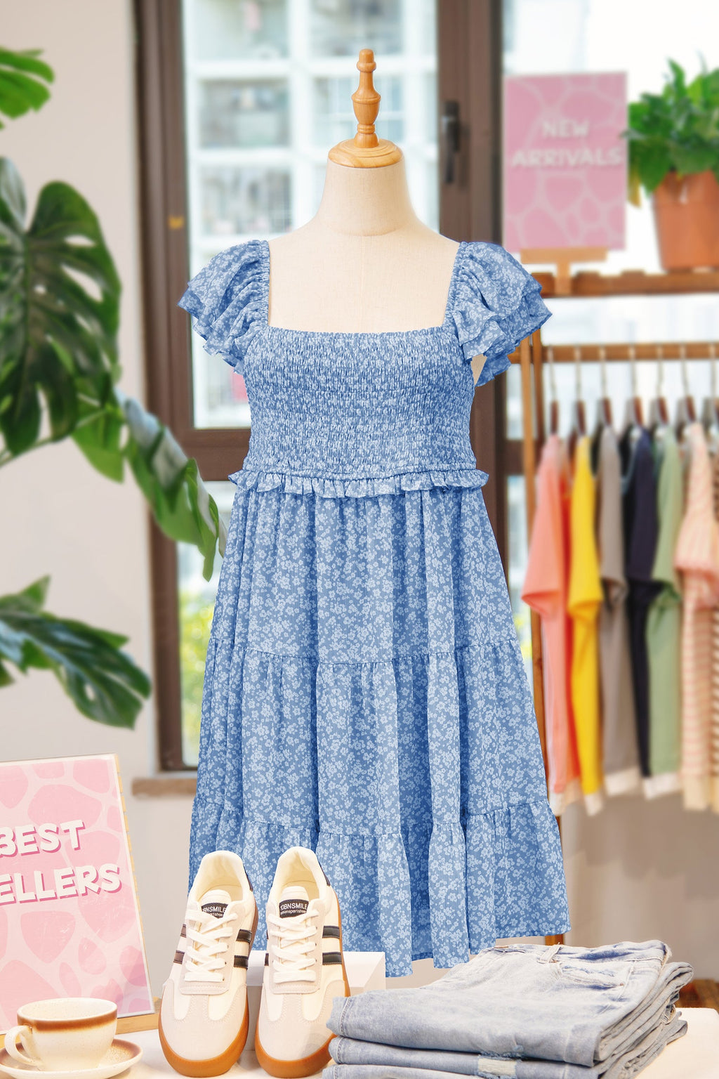 Sky Blue Floral Print Square Neck Flutter Sleeve Smocked Tiered Mini Dress