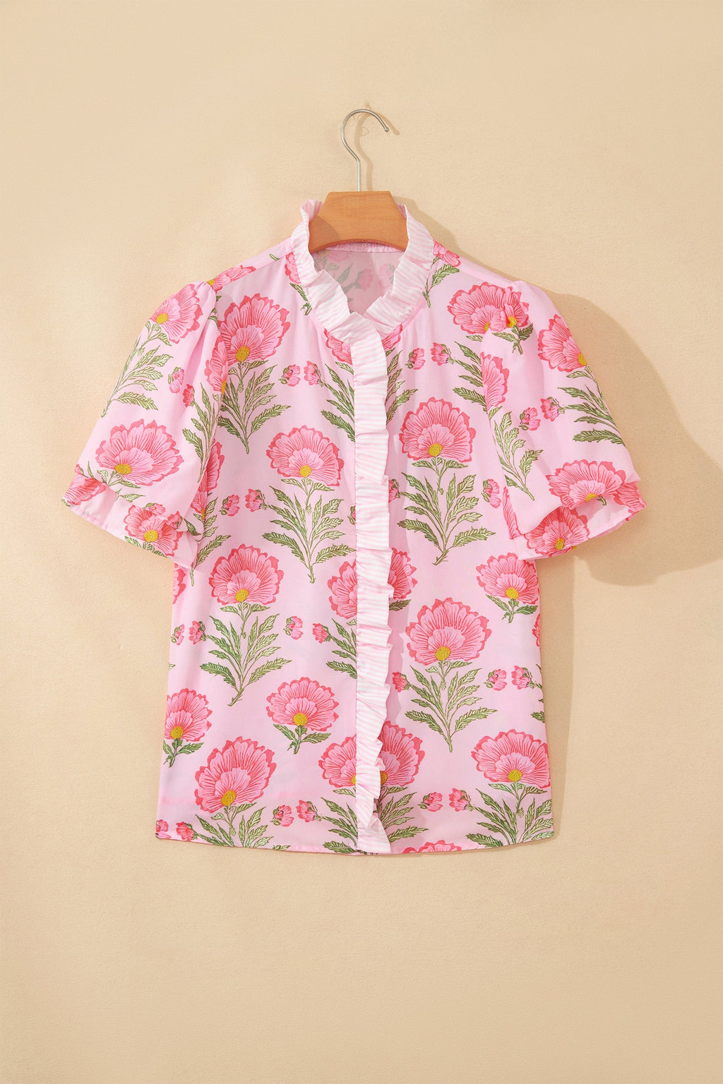 Pink Sweet Blooms Ruffle Striped Trim Puff Sleeve Shirt
