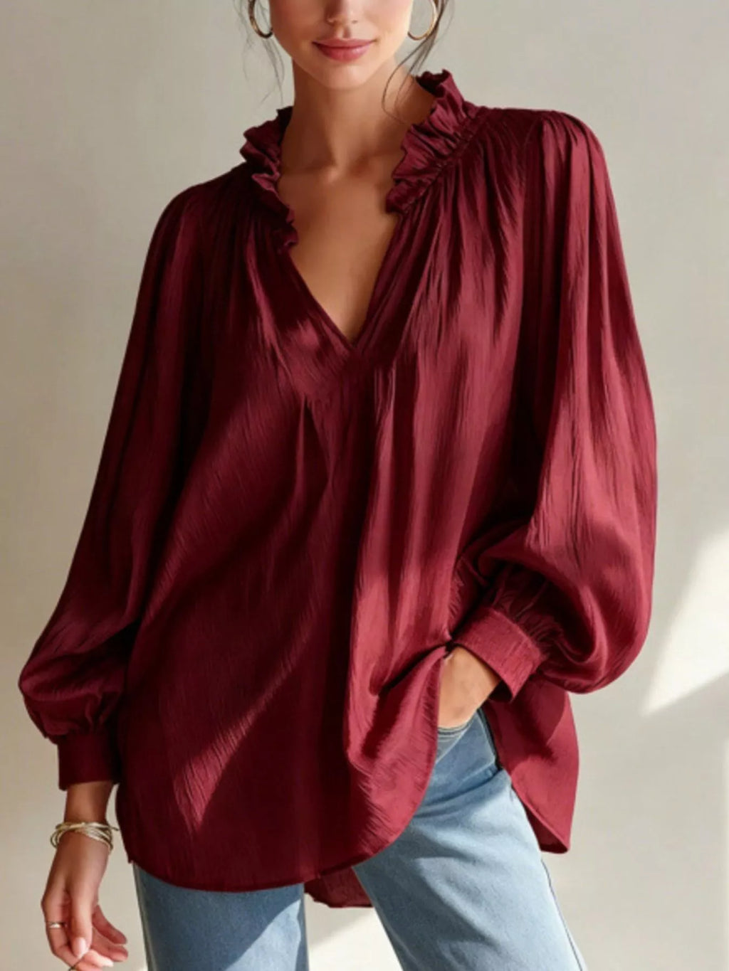 Frill Notched Long Sleeve Blouse