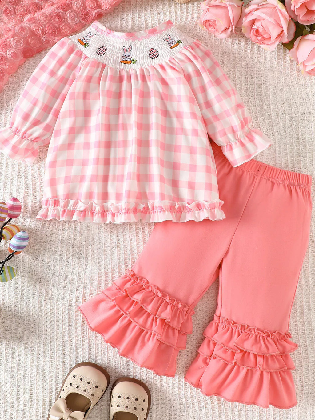 Children's Plaid Smocked Long Sleeve Top and Pants Set