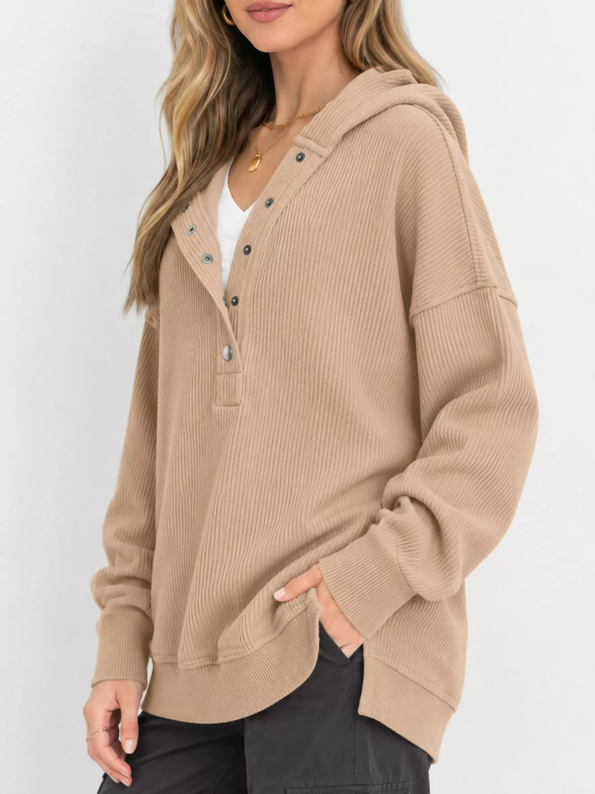 Full Size Snap Button Placket Dropped Shoulder Hoodie Plus Size