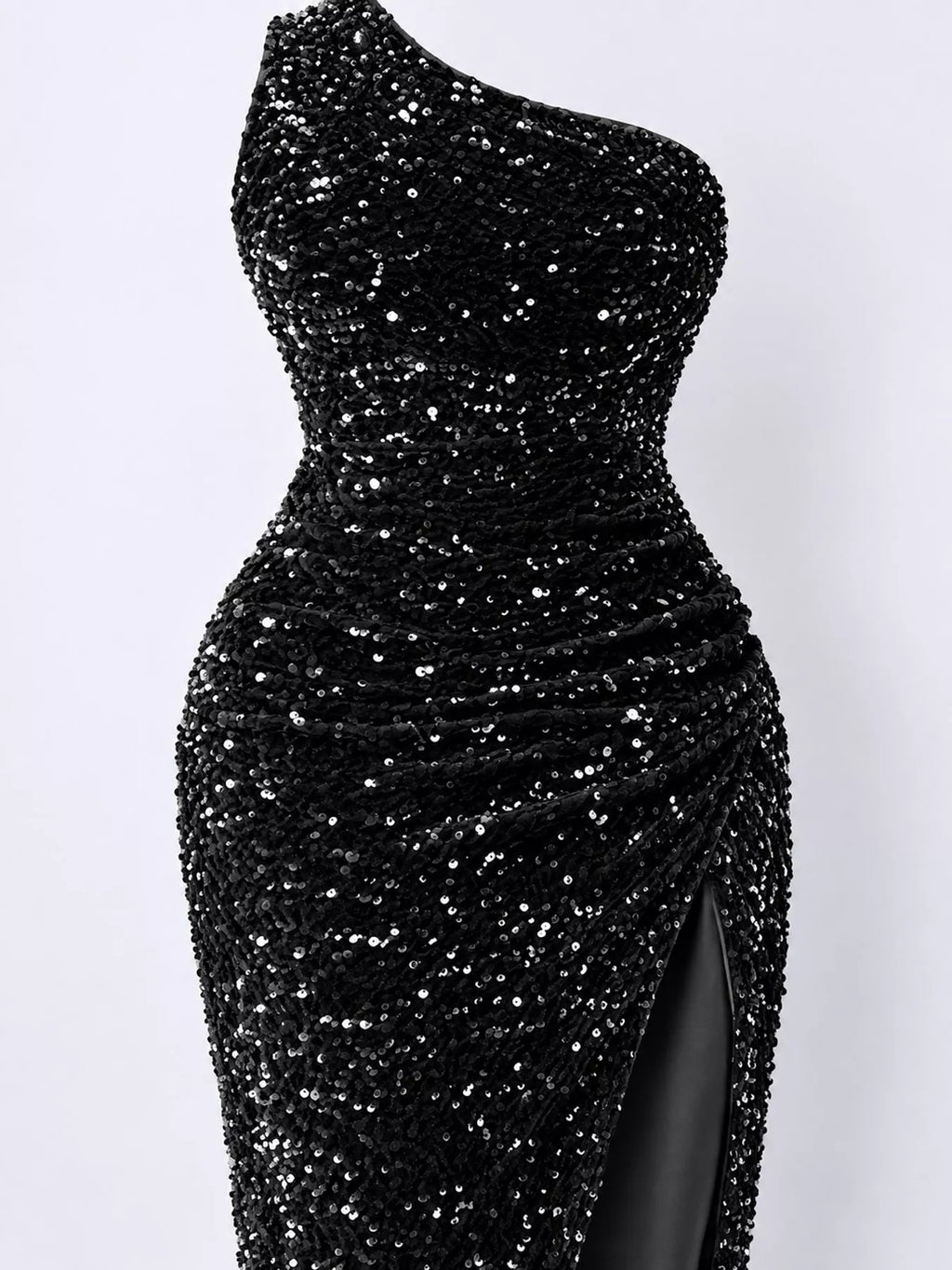 One-Shoulder Ruched Sequin High-Slit Evening Dress
