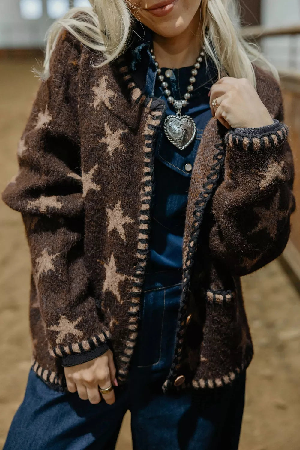 Stars Pattern Colorblock Long Sleeve Shift Cardigan