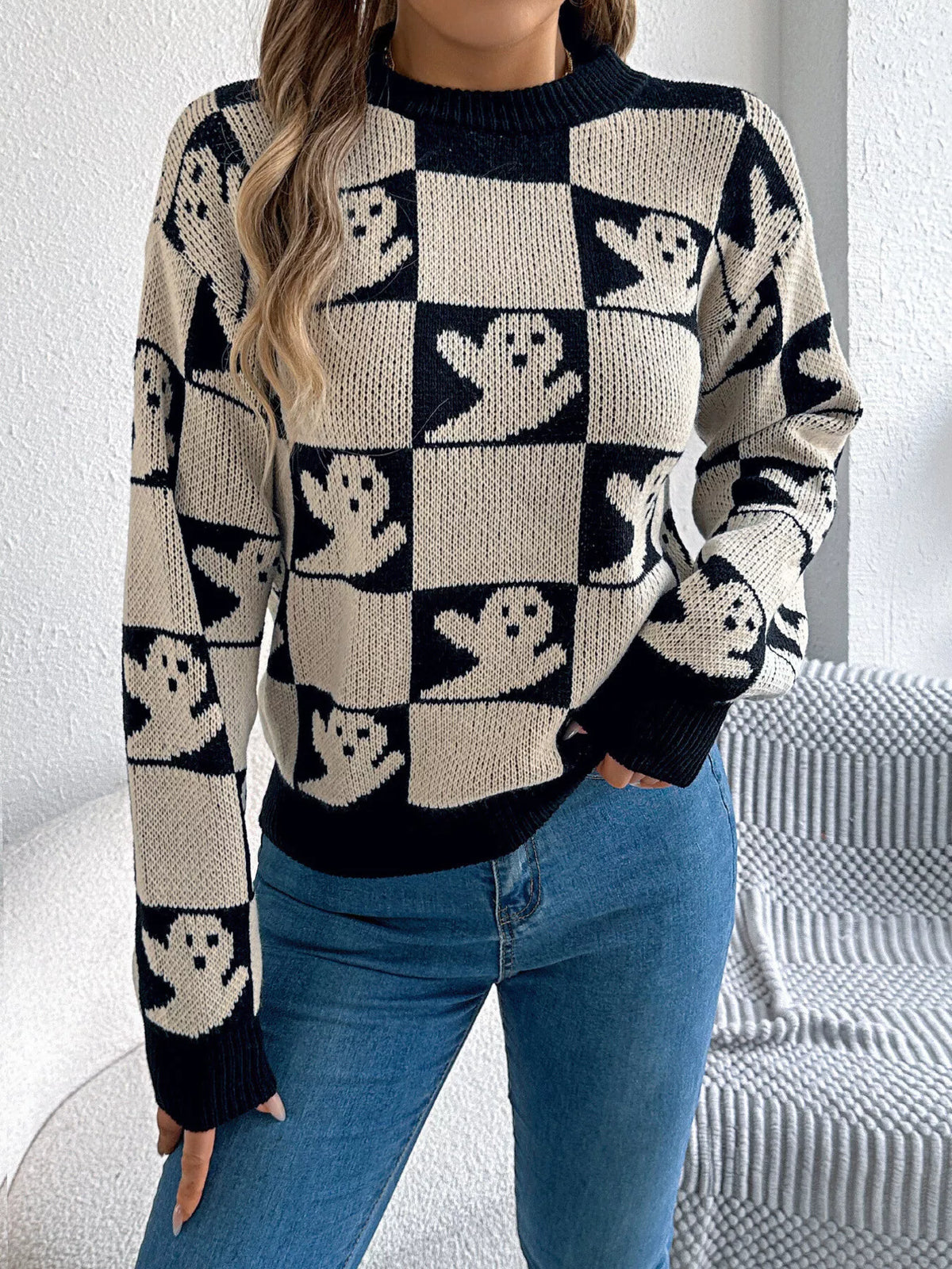 Halloween Ghost Pattern Checkered Round Neck Sweater