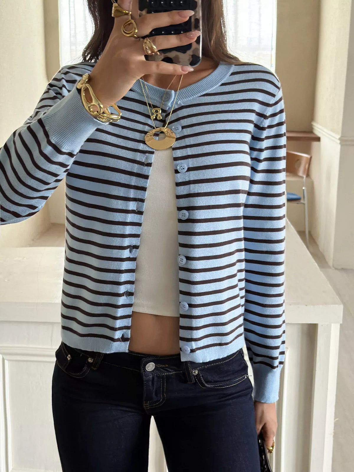 Striped Crew Neck Button-Down Cardigan