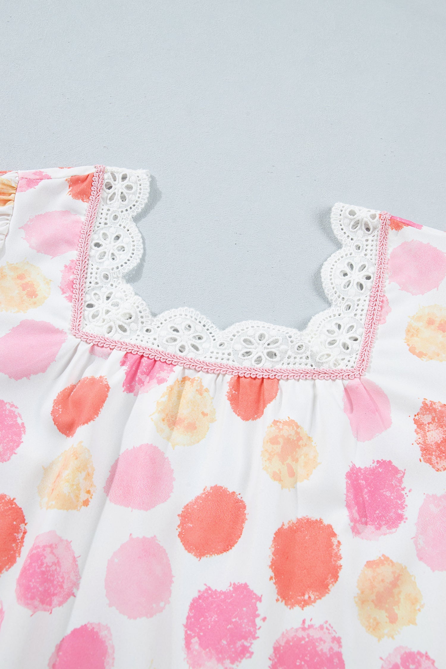 Pink Polka Dot Lace Trim Square Neck Puff Sleeve Blouse