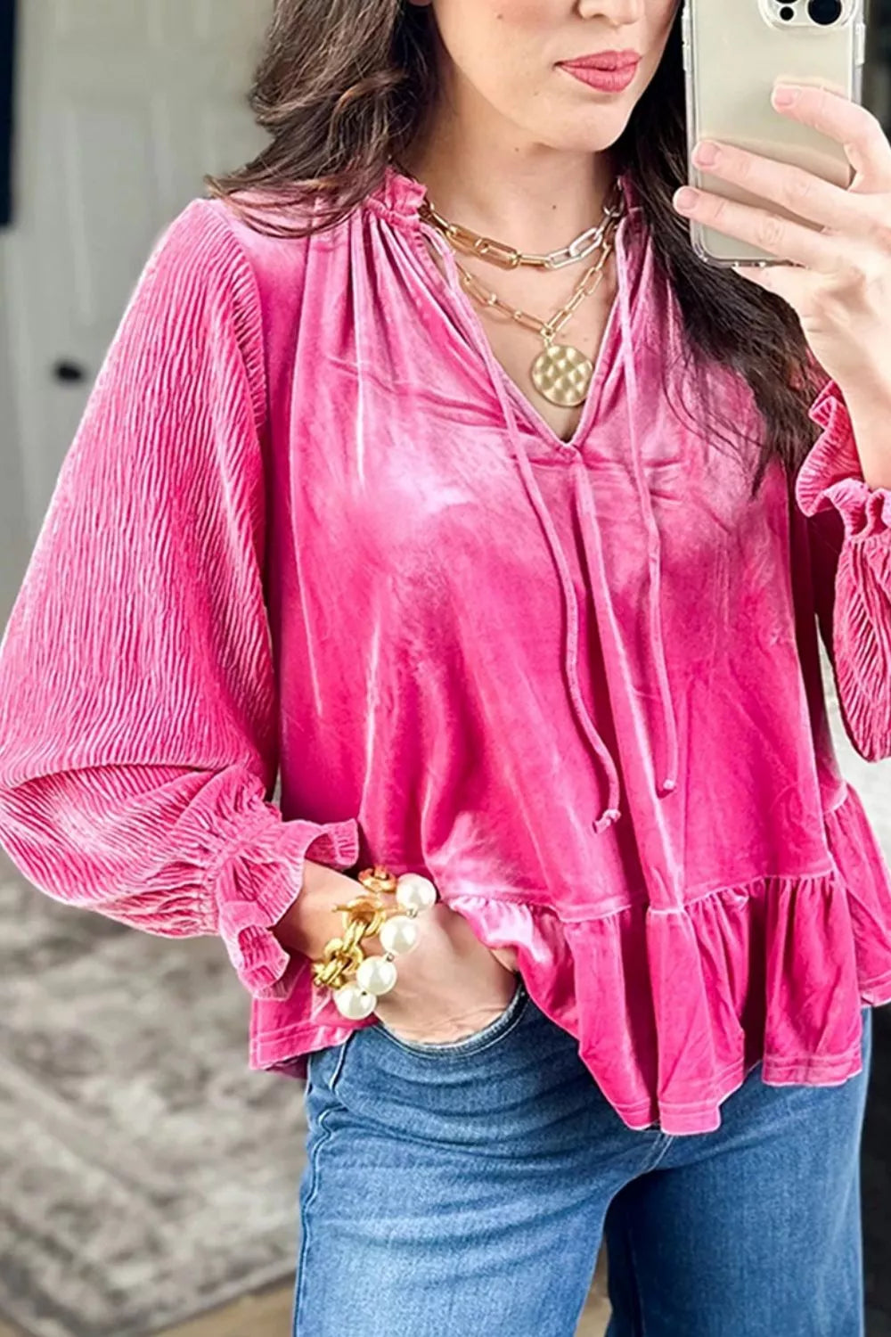 V Neck Velvet Ruffled Cuffs Hem Long Sleeve Top