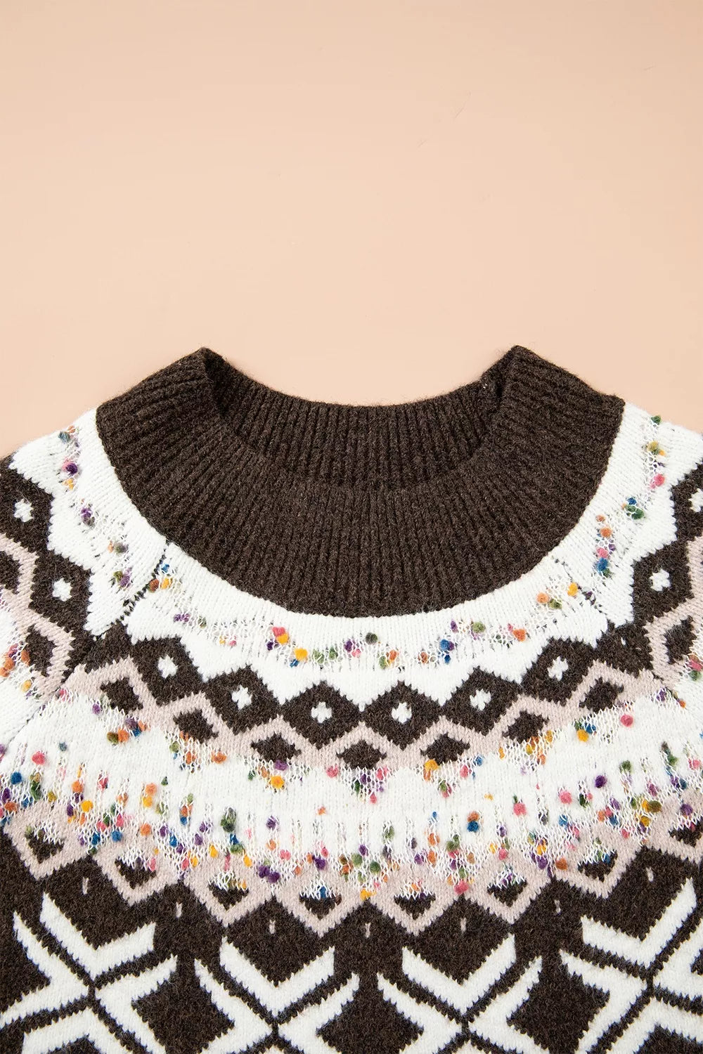 Geometric Round Neck Sweater with Colorful Confetti Accents