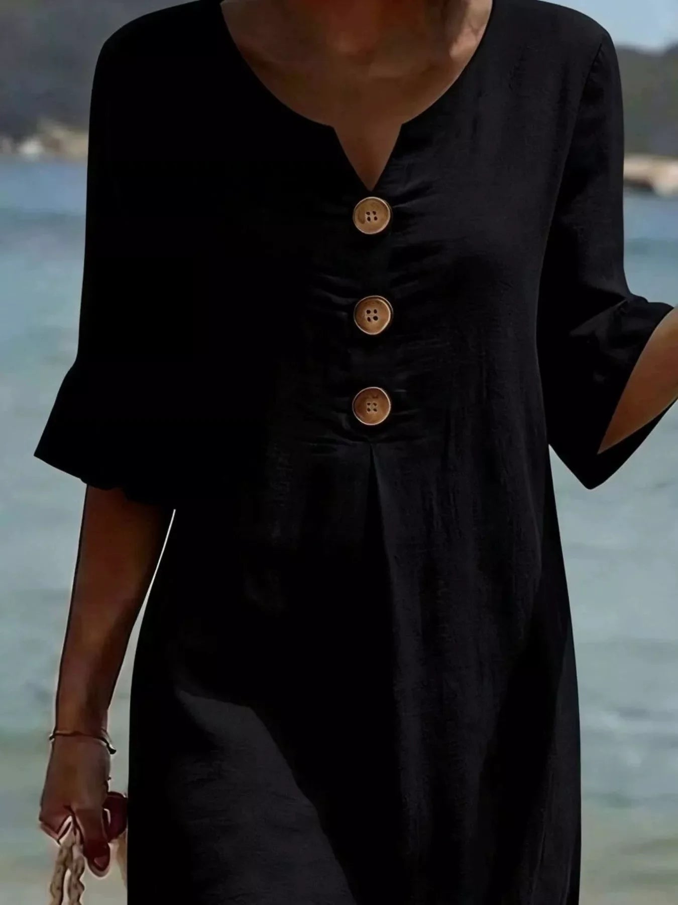 Full Size Casual Decor Button Dress with Ruffle Sleeves Plus Size
