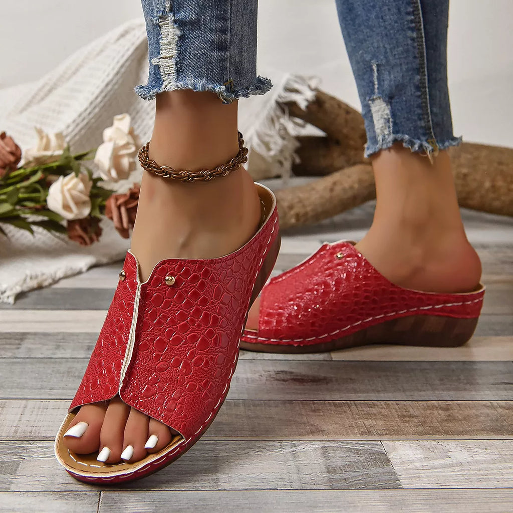 Crocodile-Embossed Wedge Sandals