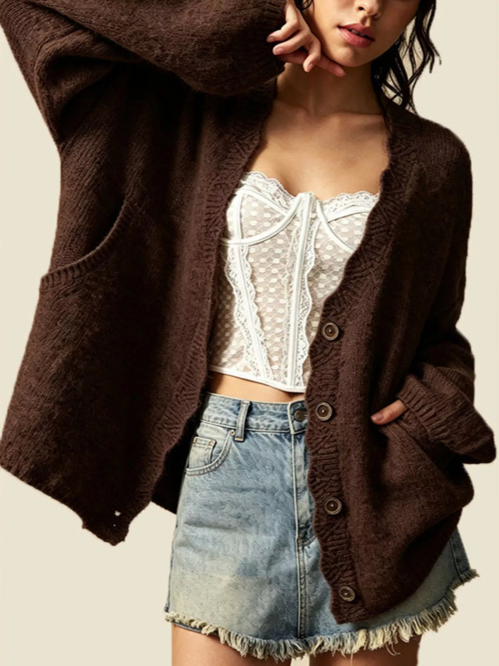 V-Neck Button-Down Knit Cardigan