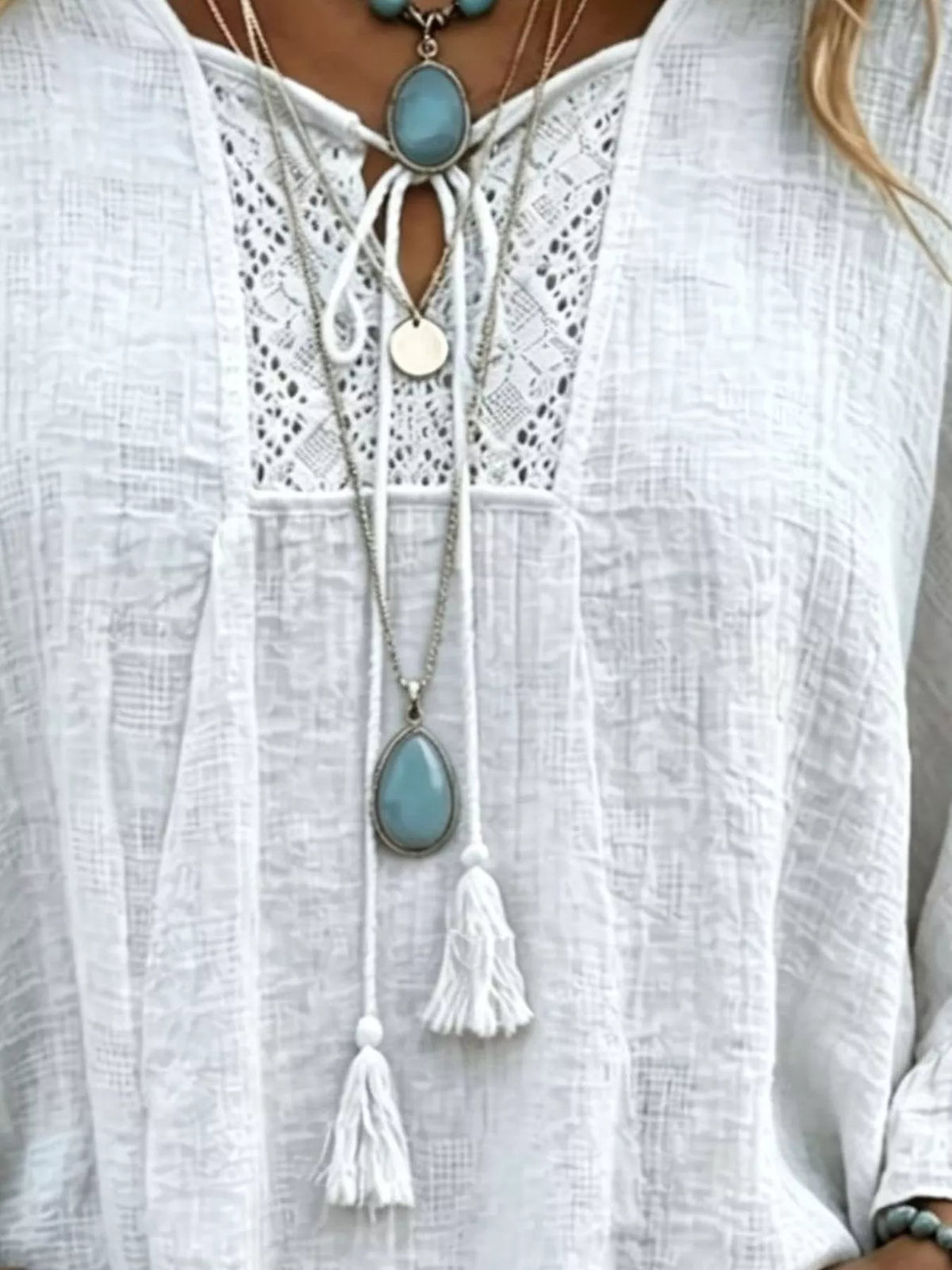 Full Size Tassel Tie Neck Ruffled Hem Blouse Plus Size